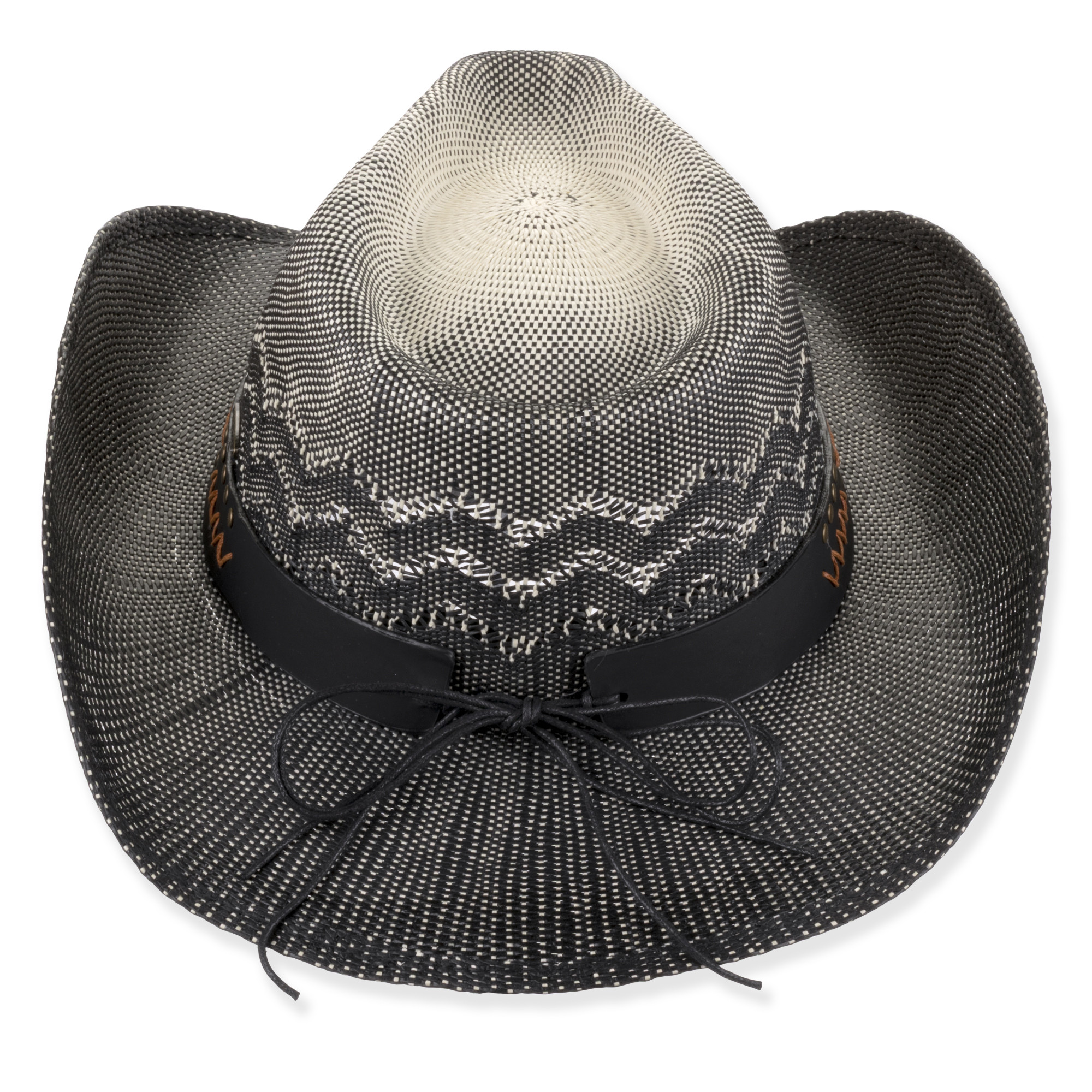 Woven straw cowboy hat, gray gradient, black band, decorative zig-zag trim,