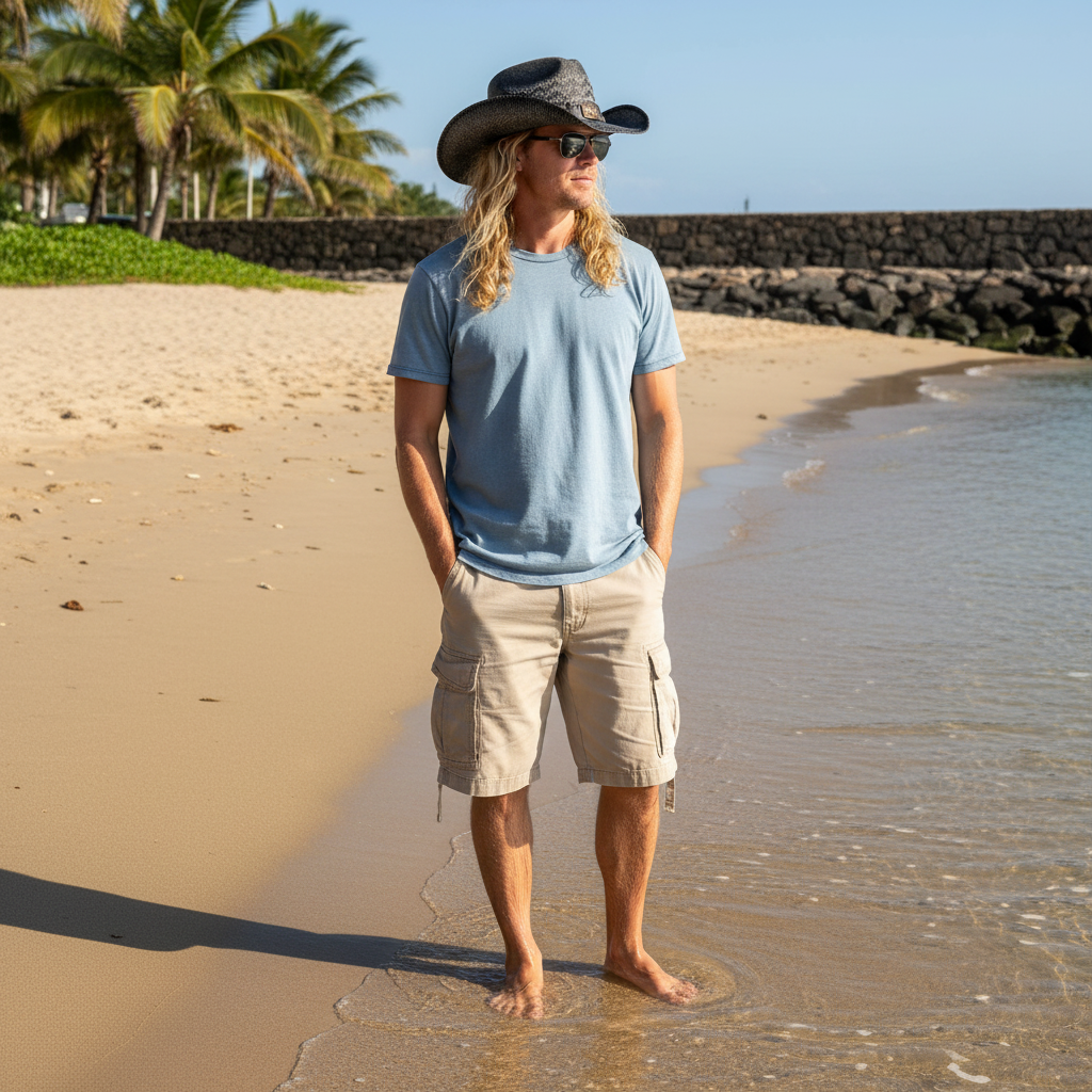 Lifestyle full-body view of the Sun N Sand HTT1301 men's straw western hat in Black and Grey, featuring a weathered finish and a wide curved brim for rugged coastal style and dependable sun protection while on the beach.