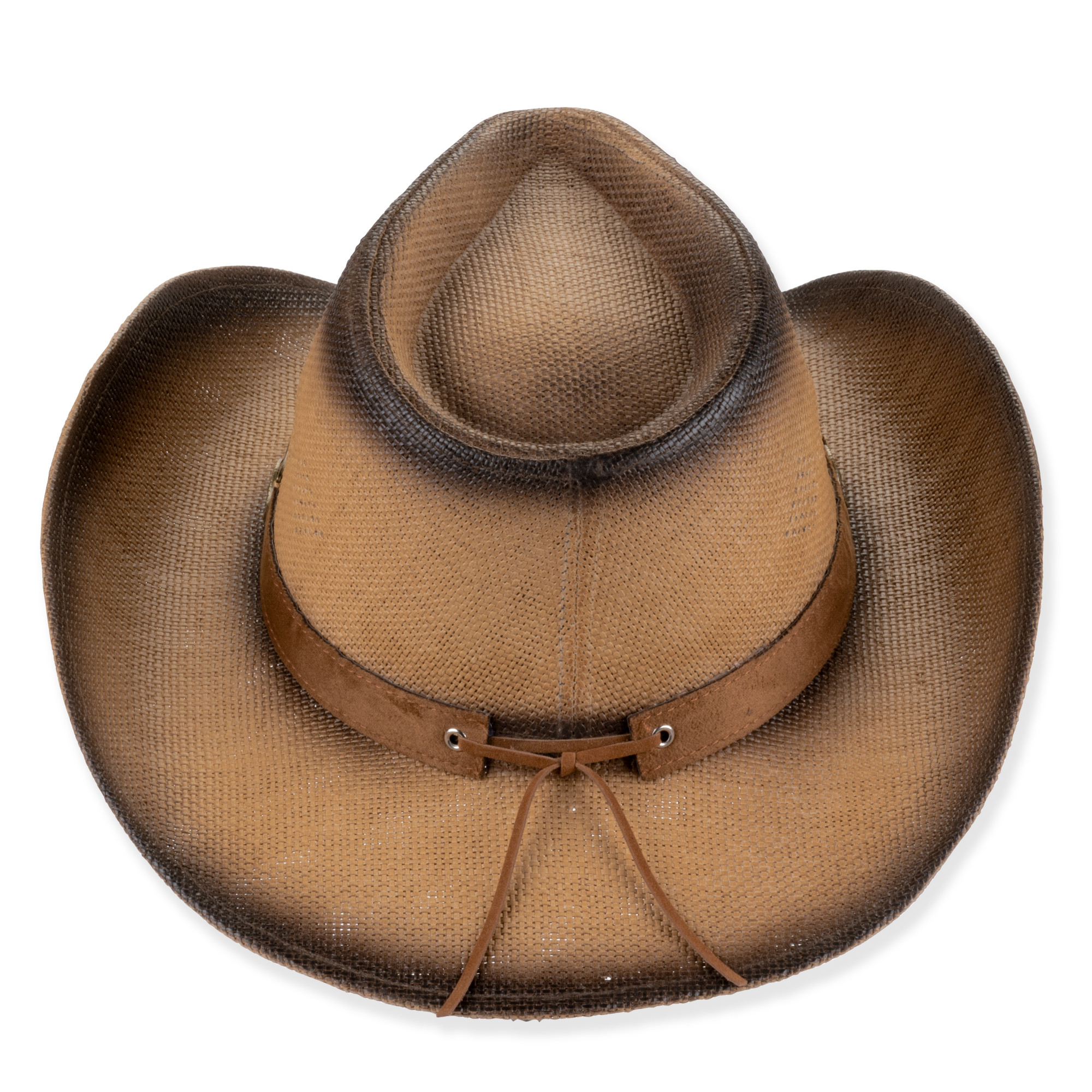 Top-down view of brown woven cowboy hat, creased crown, wide brim, leather band with studs and tie.