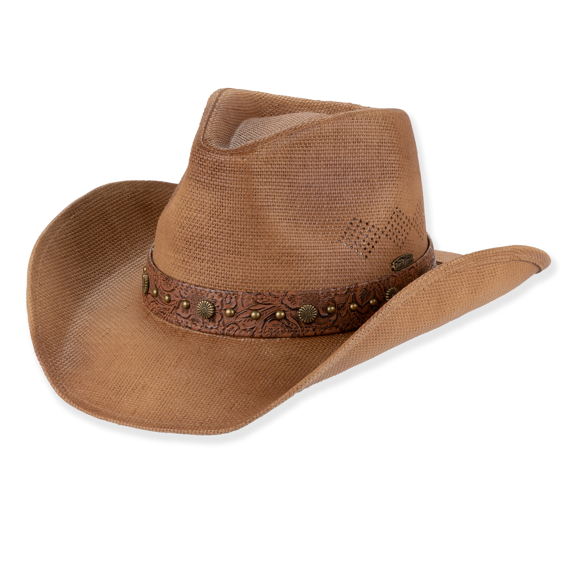 Textured brown straw cowboy hat with decorative leather band and metal studs.