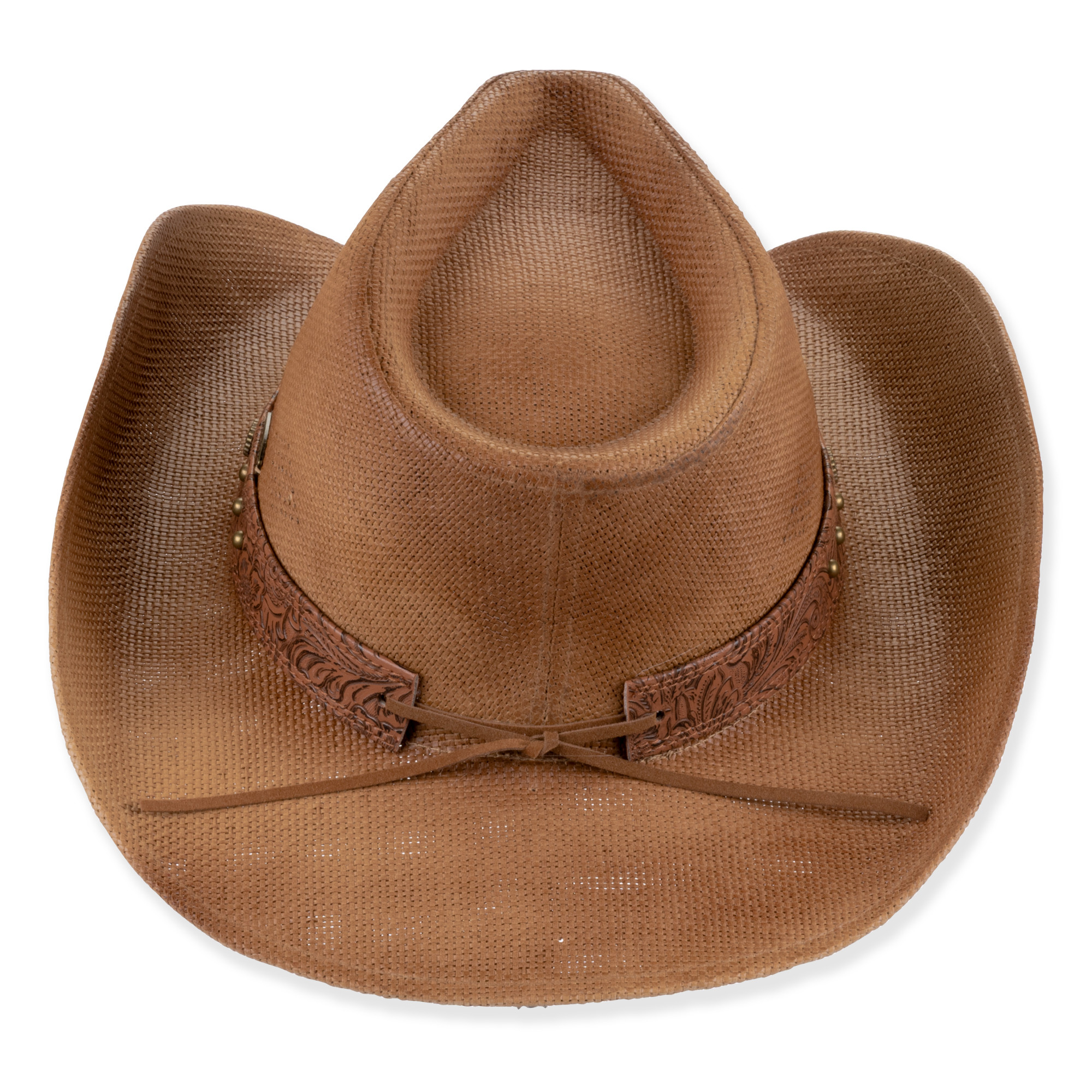 Brown woven cowboy hat with textured band, decorative stitching, and leather tie
