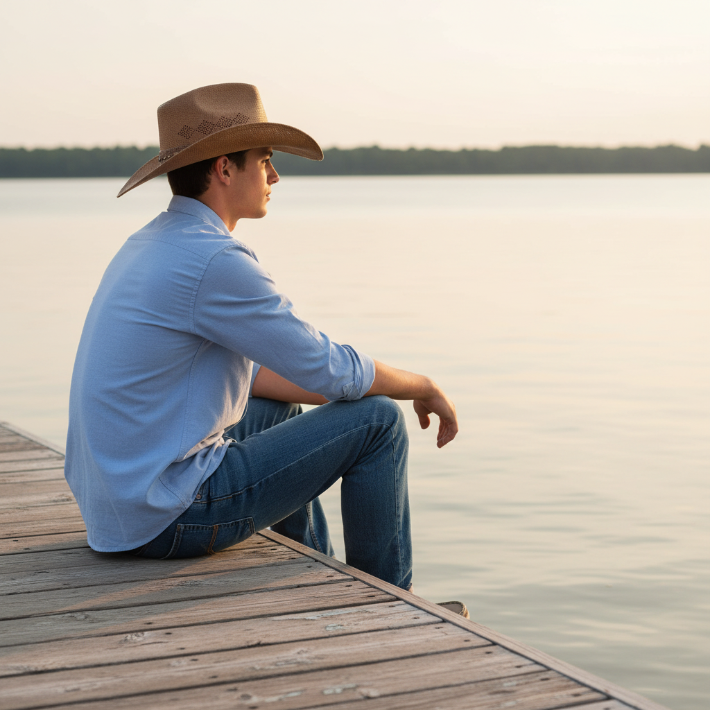 Lifestyle side-profile view of the Sun N Sand HTT1305 men's straw western hat in Natural, featuring a ventilated cattleman crown with a diamond-pattern weave and an upturned wide brim for rugged lakeside style and breathable sun protection while relaxing on the dock.