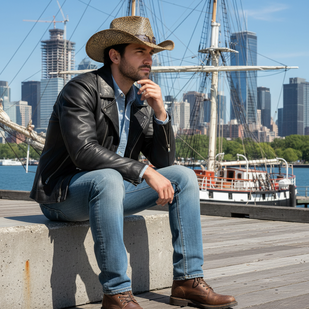 Lifestyle side-angle view of the Sun N Sand HTT1306 men's straw western hat in Brown and Gold, featuring a geometric diamond-weave pattern and a dark faux-leather band with metallic studs for rugged urban style and dependable sun protection while at the