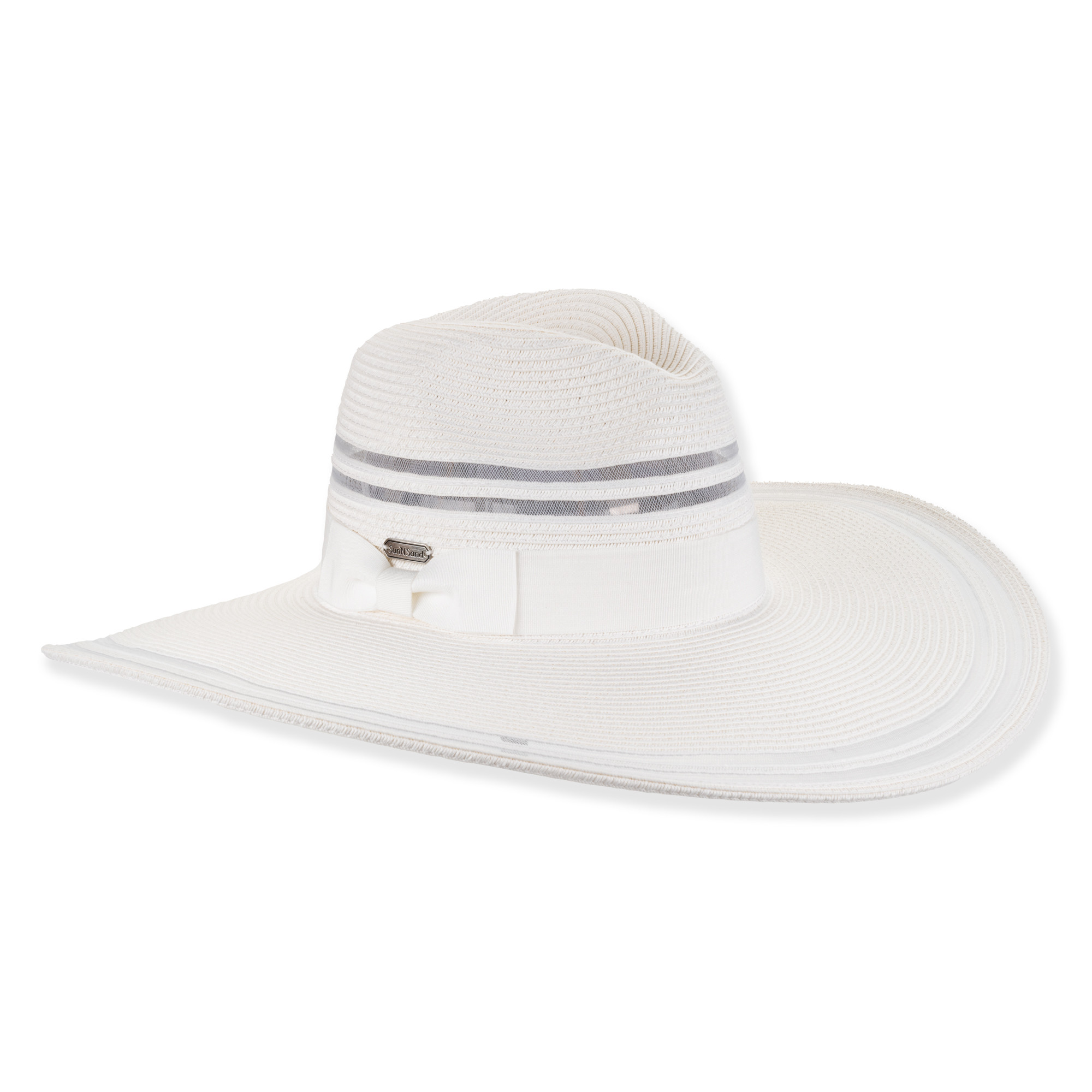 Front angled view of white wide brim safari style hat with tall crown, subtle patterned band, and small metallic logo tag highlighting structured texture.