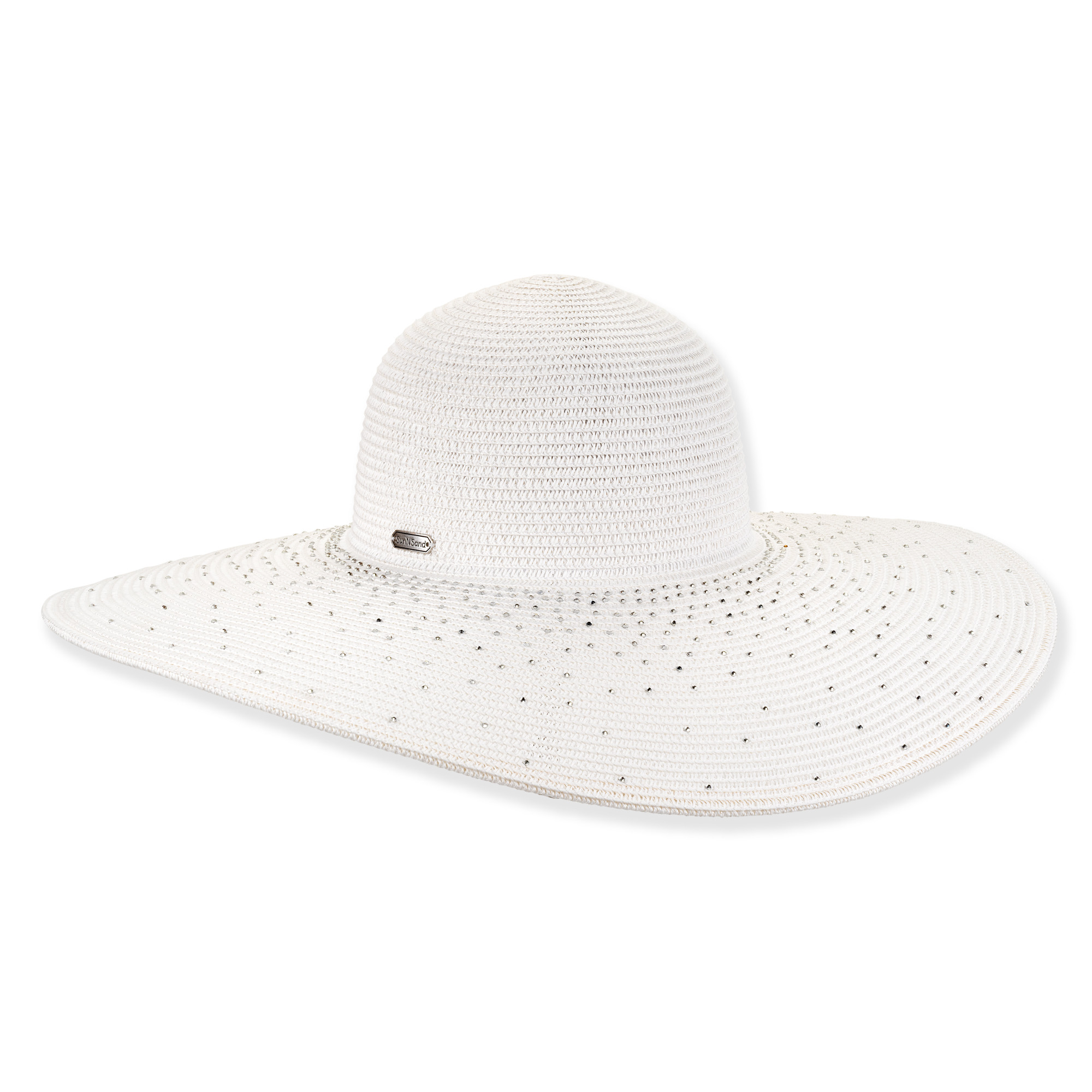 Front angled view of the Sun N Sand HH3438 women’s floppy hat in white, featuring rhinestone studded brim accents and woven texture for sun protection.