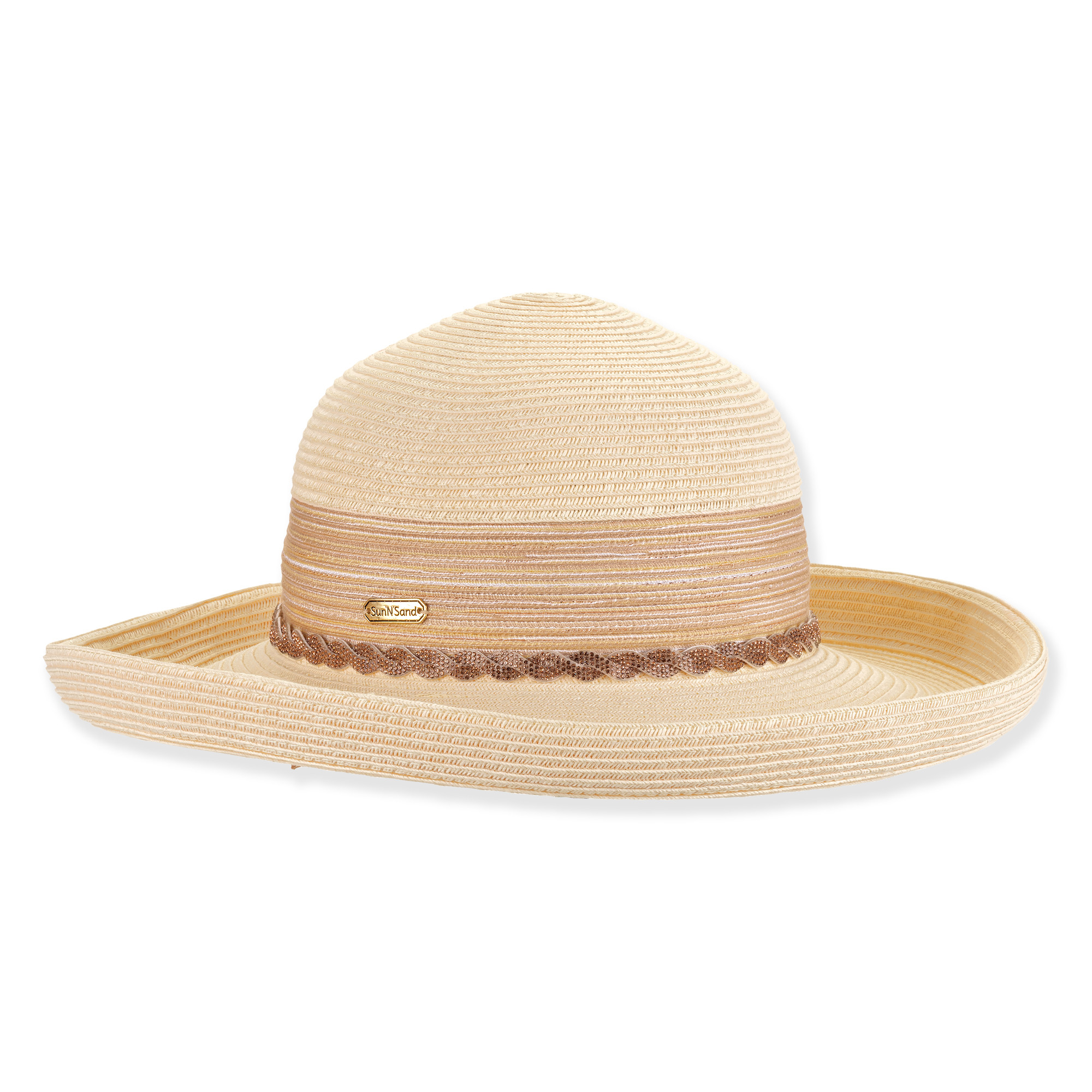 Front angle view of beige woven upbrim hat with rounded crown, subtle metallic lurex shimmer, brown textured band, and small metal tag