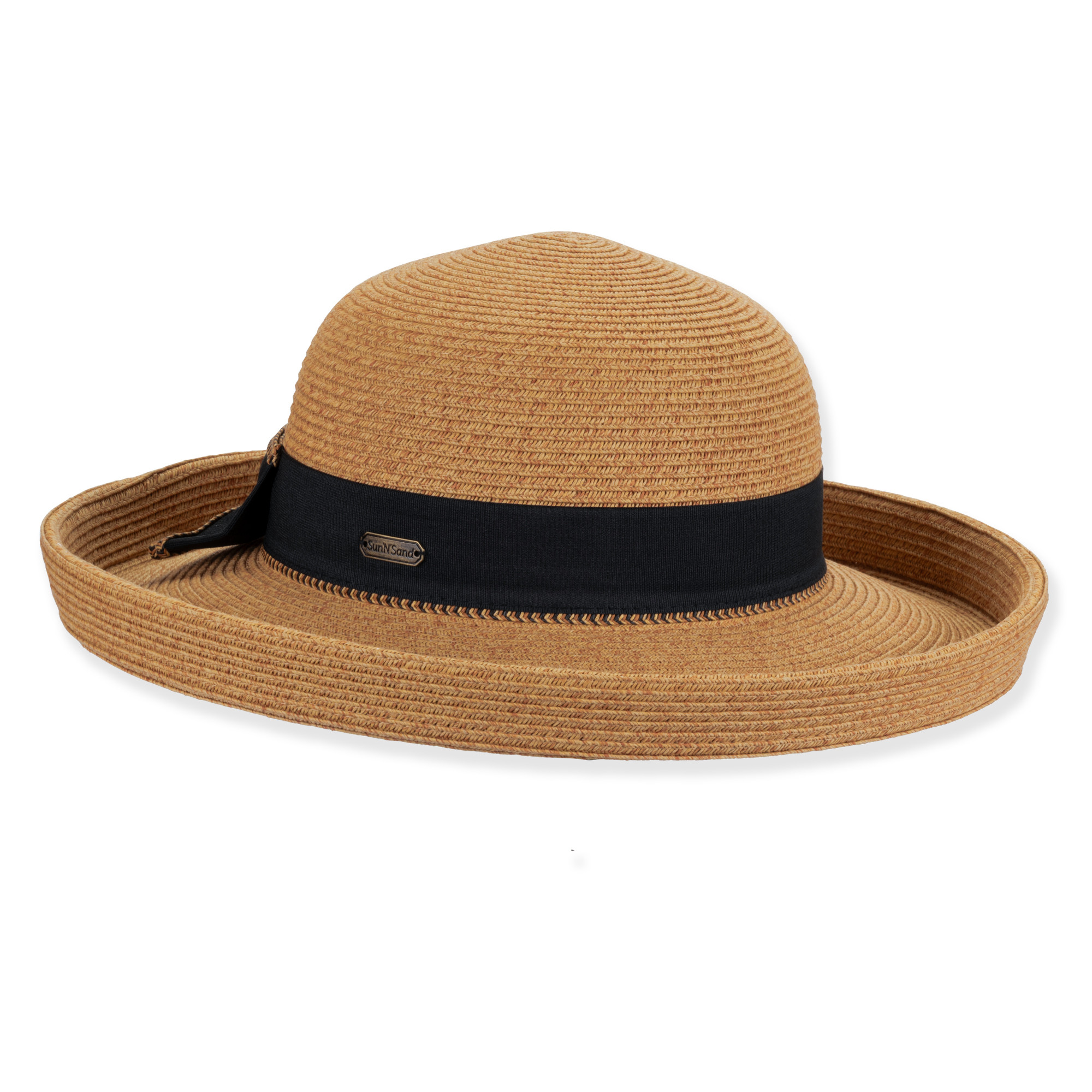 Front view brown woven straw upbrim hat with rounded crown, wide turned up brim, black band, textured weave, and small metallic tag.