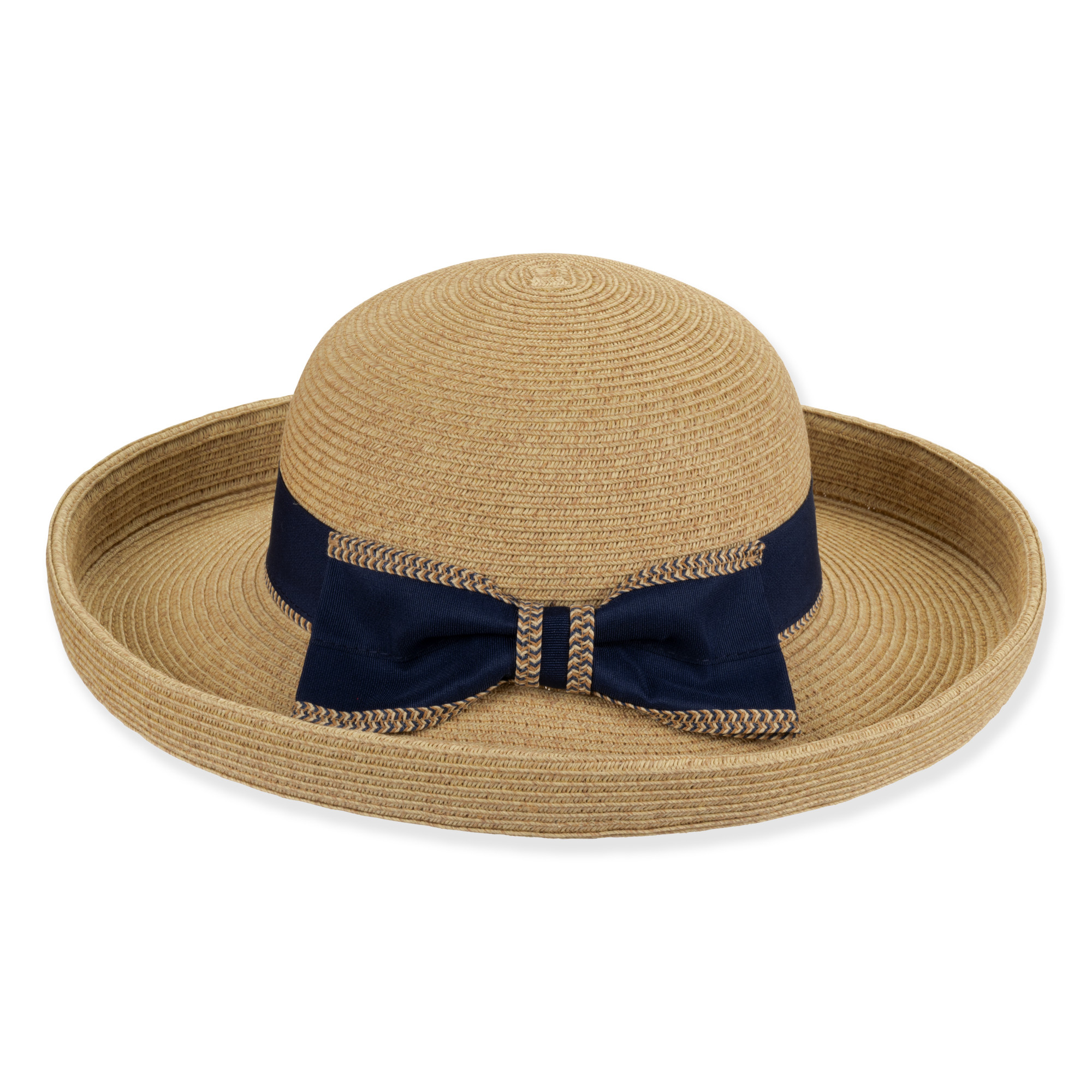Woven straw sun hat with rounded crown, wide flat brim, navy bow detail Back View