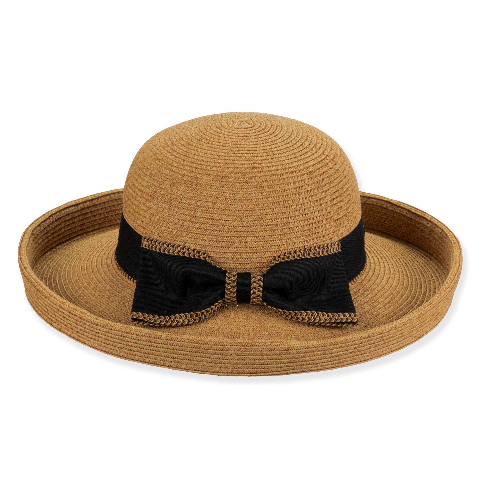 Woven straw sun hat with wide brim, black ribbon bow detail, textured weave, round crown