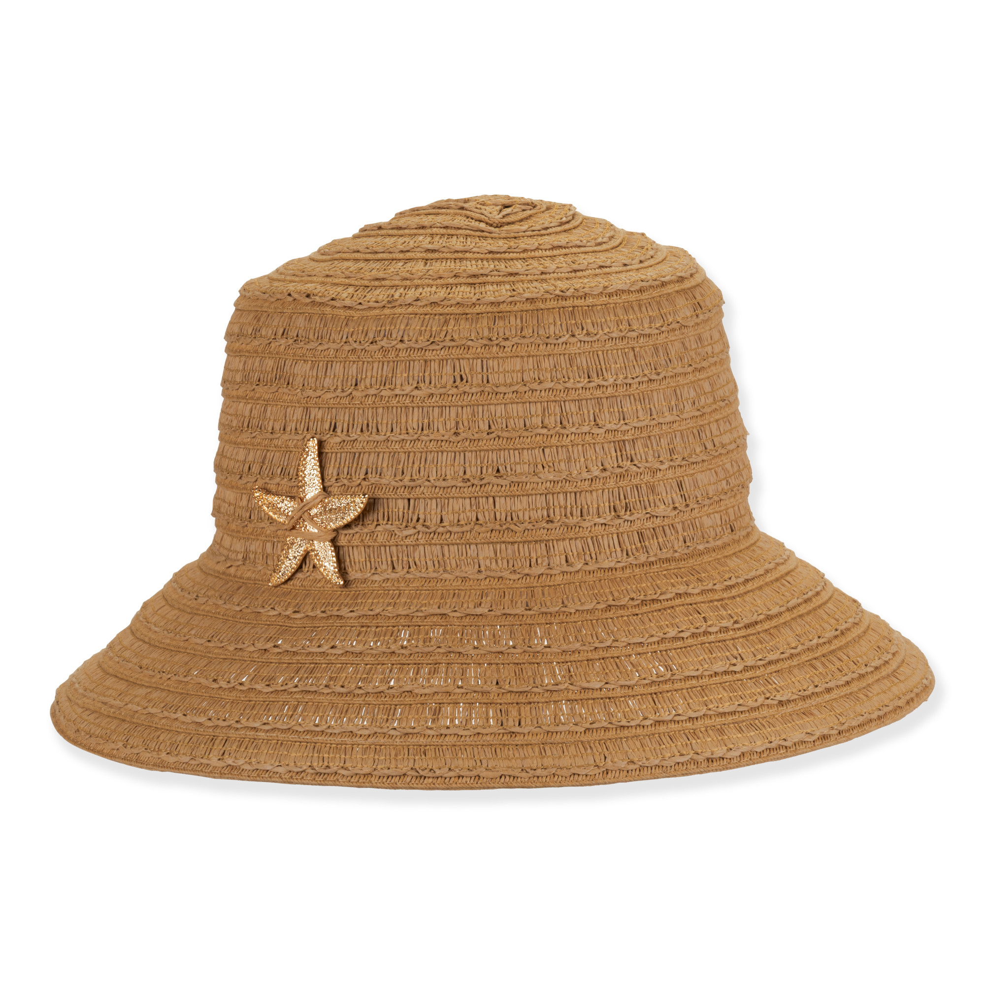 Front view brown woven bucket hat with wide brim, textured straw pattern, gold starfish embellishment, rounded crown, and structured beach style design