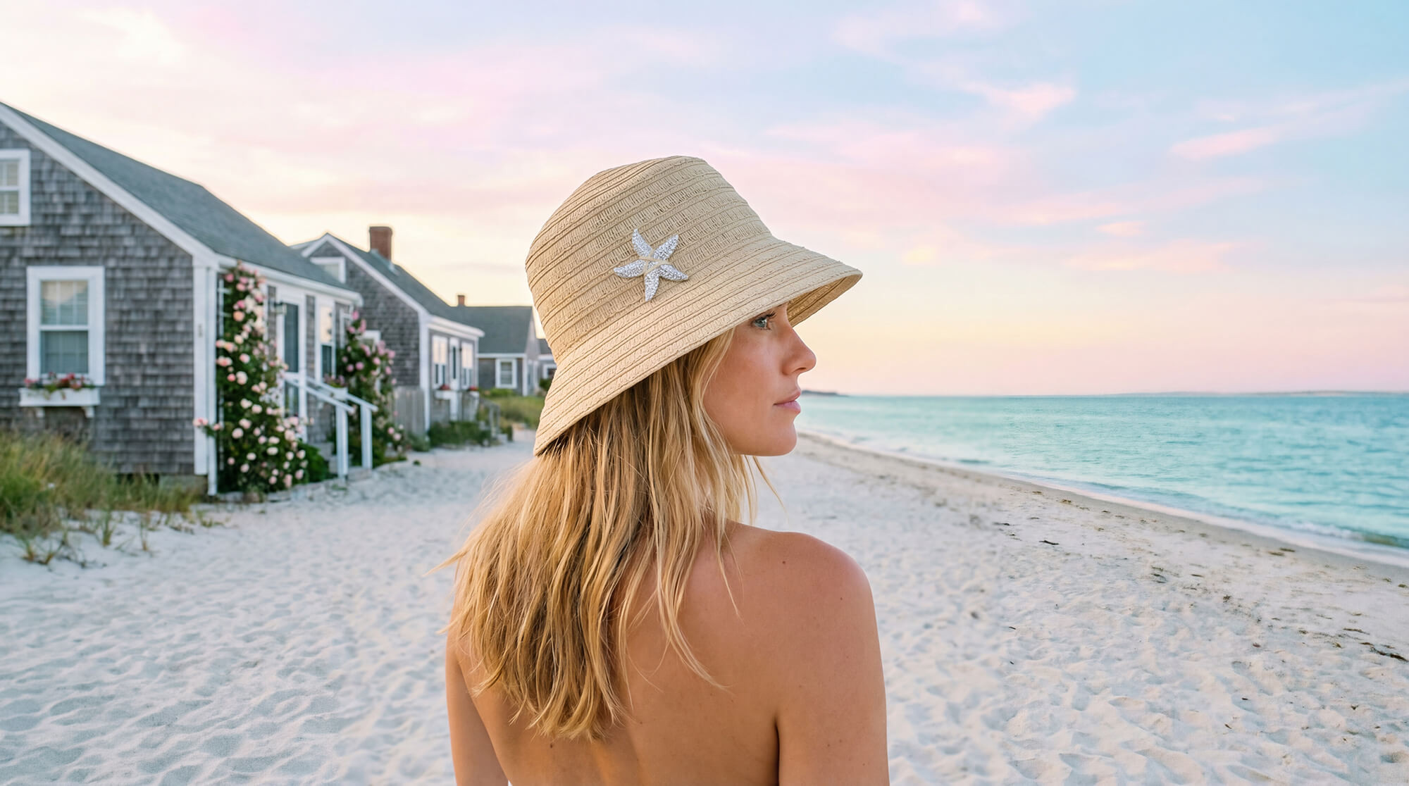 Front angled view of the Sun N Sand bucket hat in natural straw, featuring decorative starfish accent and adjustable design for UPF protection