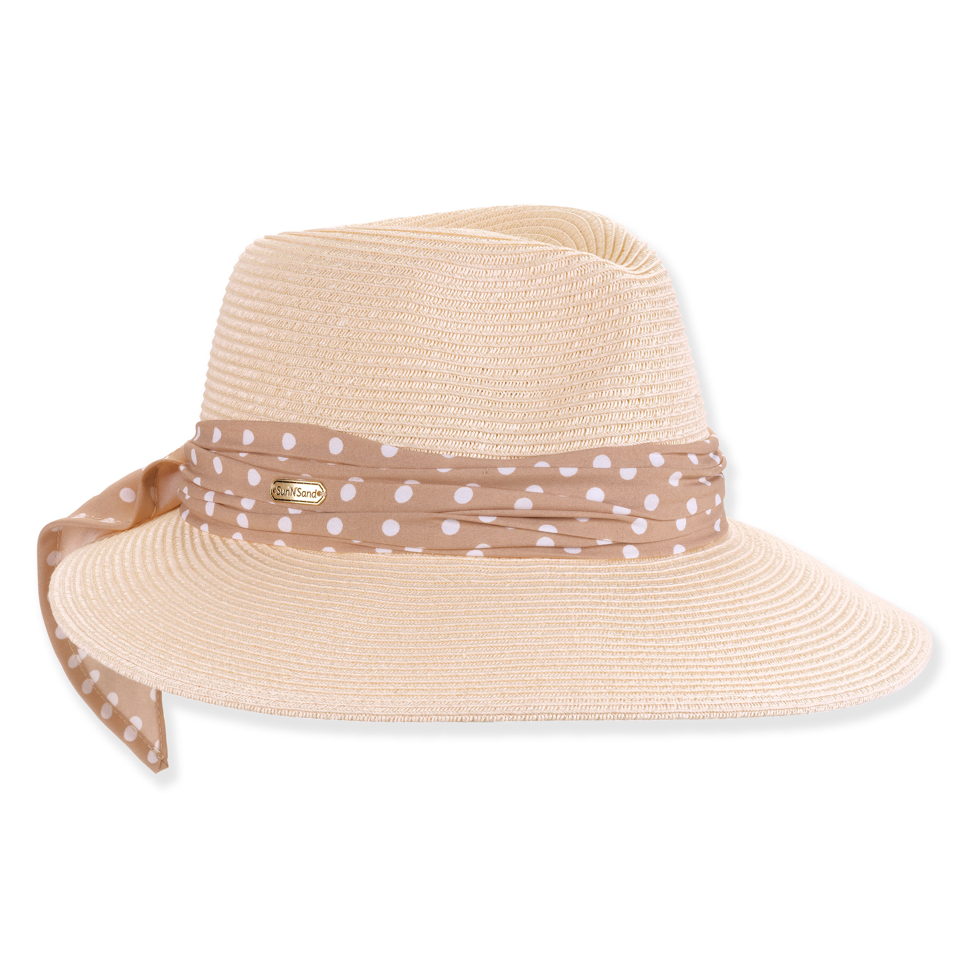 Front three-quarter studio view of Sun N Sand tapered safari hat featuring cream woven texture, polka dot scarf and metal plaque