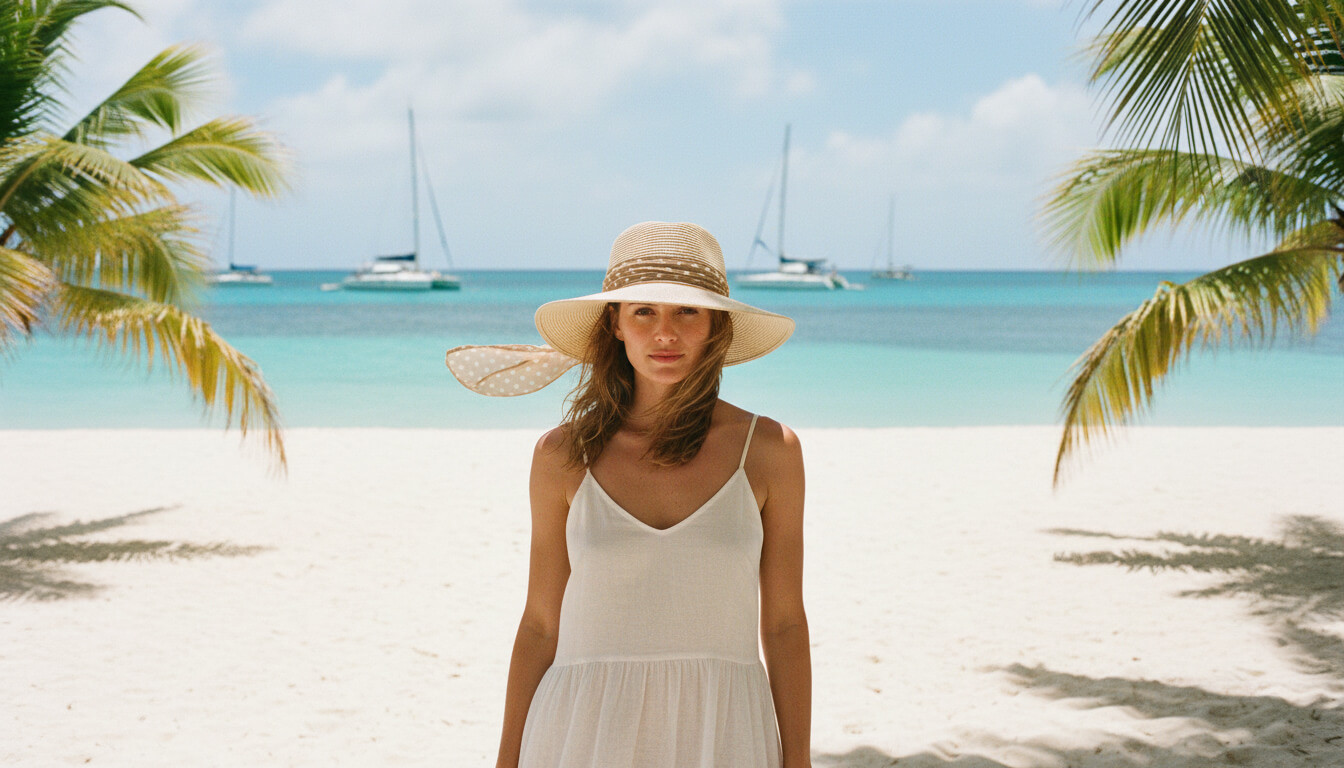 Lifestyle portrait of the Sun N Sand HH3477 Women’s Tapered Safari Hat in natural woven straw, featuring a polka-dot chiffon scarf hatband and a down-sloping tapered brim for an adjustable fit and UPF 50+ sun protection