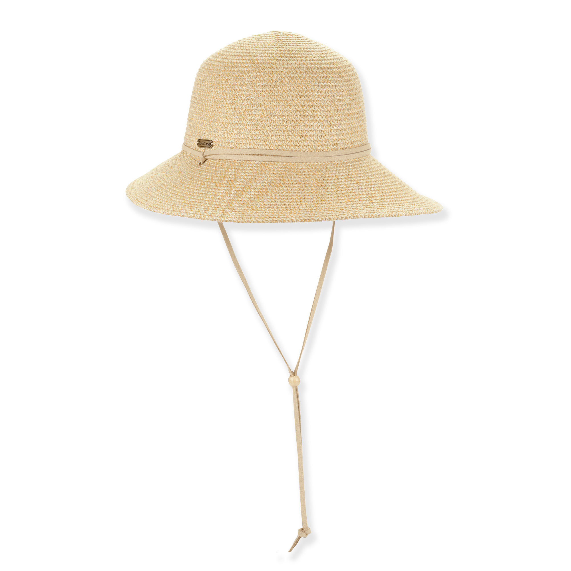 Textured straw sun hat, wide brim, chin cord, adjustable toggle, metal logo accent,