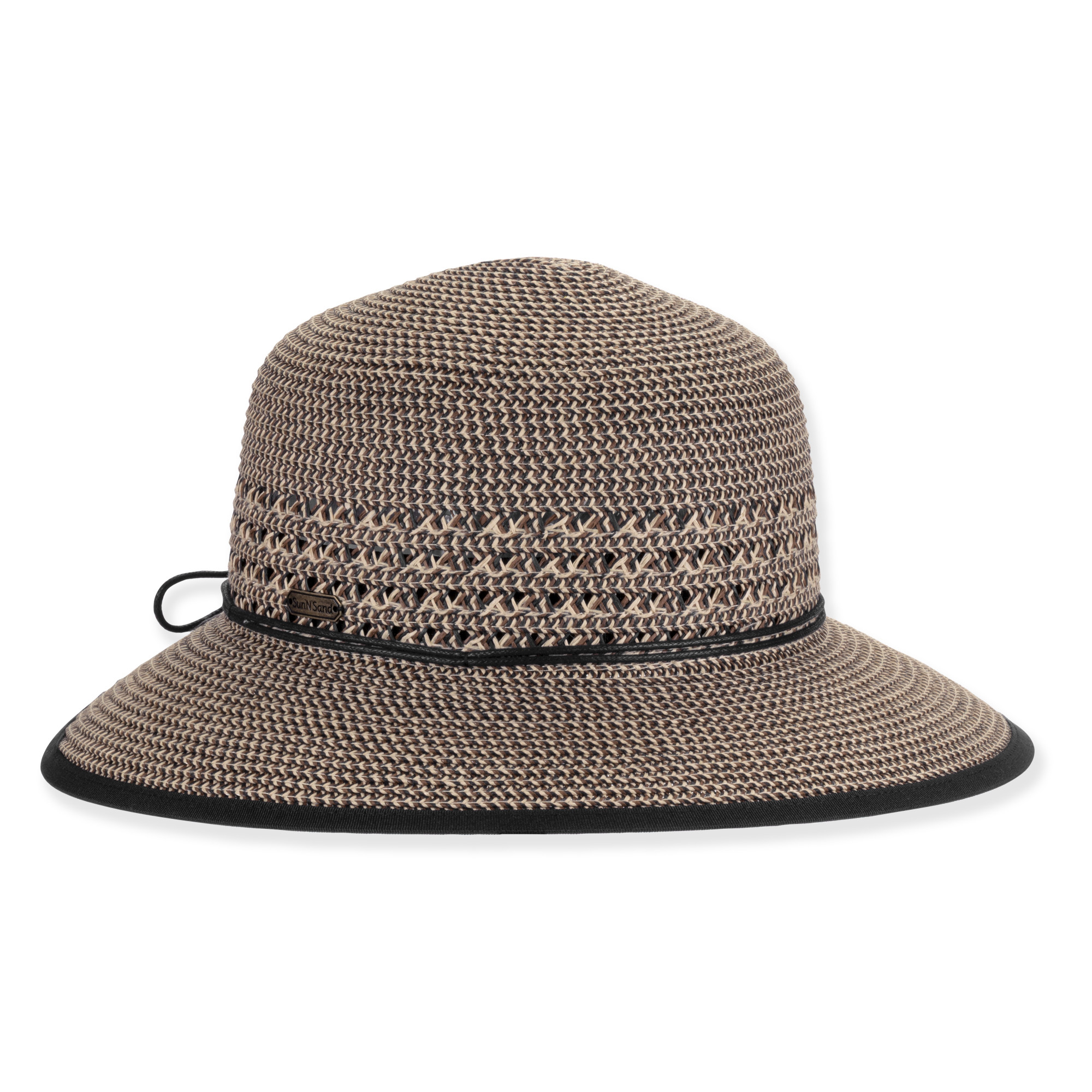 Front three-quarter studio view of Sun N Sand backless hat featuring charcoal open-weave texture, black elastic cord and metal plaque