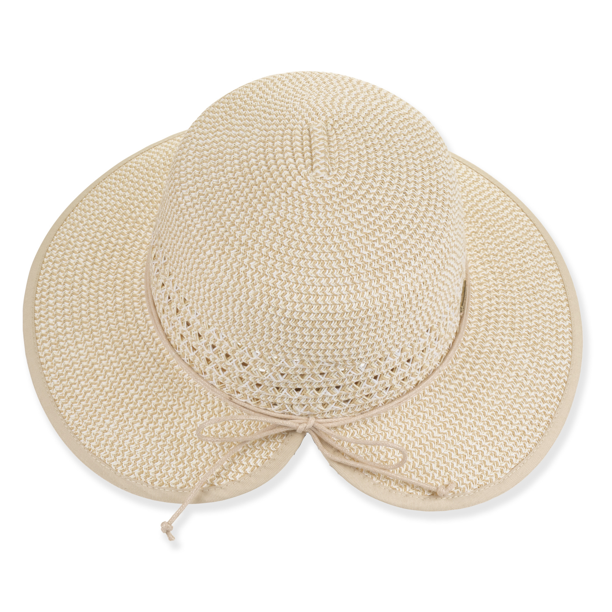 Front three-quarter studio view of Sun N Sand backless hat featuring cream open-weave texture, tan elastic cord and metal plaque