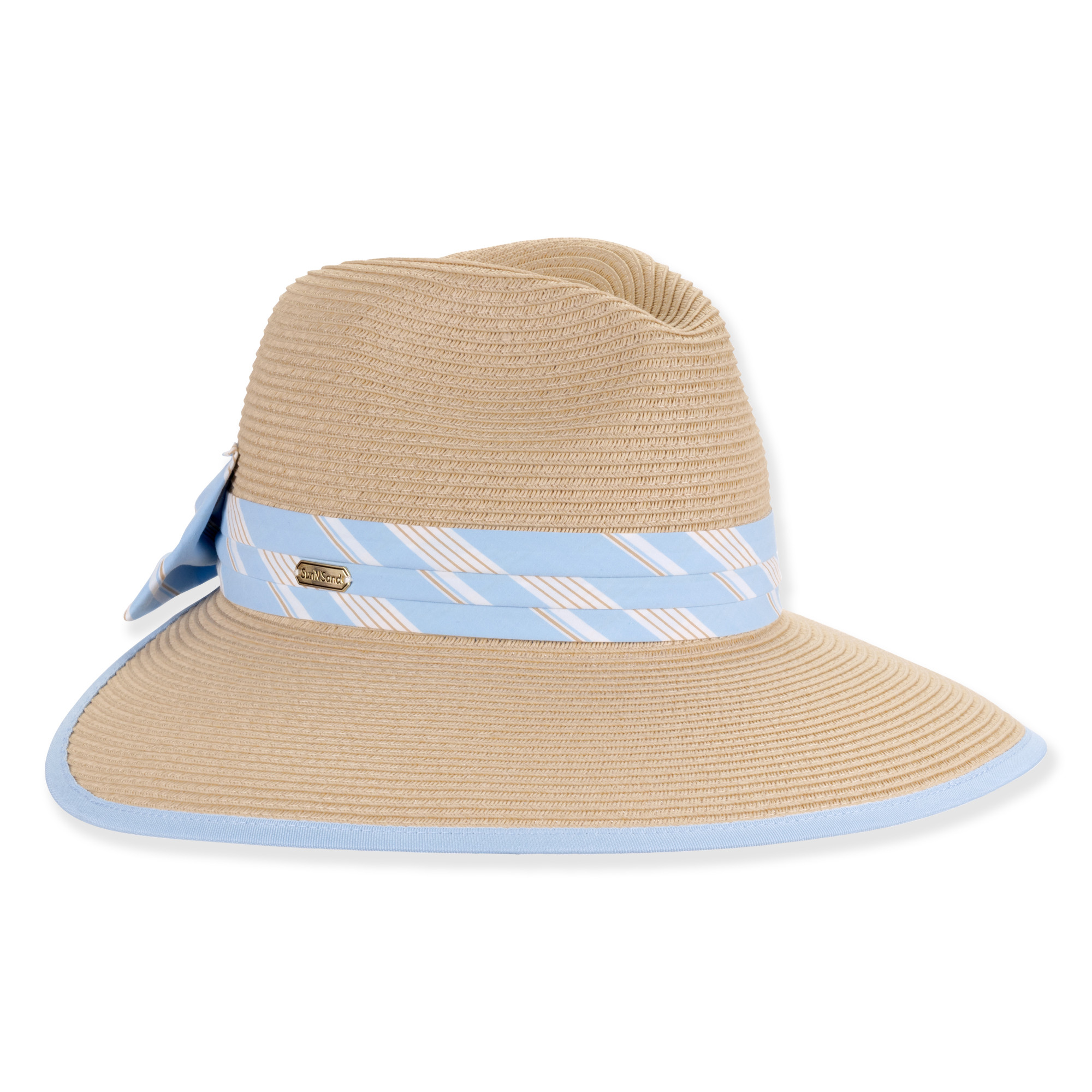 Side studio view of Sun N Sand HH3485 tan fedora sun hat featuring light blue striped band and matching brim.