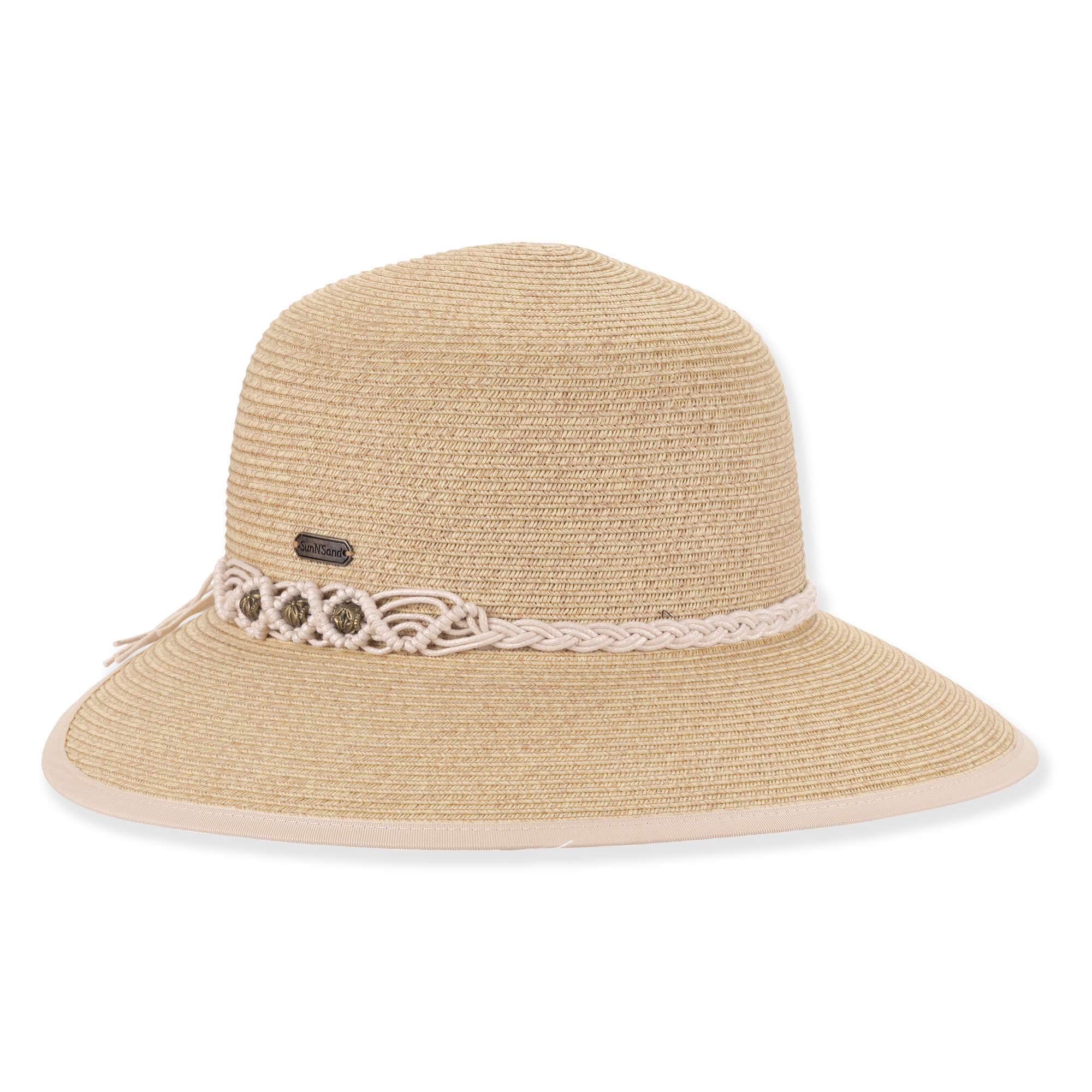 Three-quarter studio view of Sun N Sand HH3489 tan sun hat featuring a cream macrame knotted band with bronze studs.