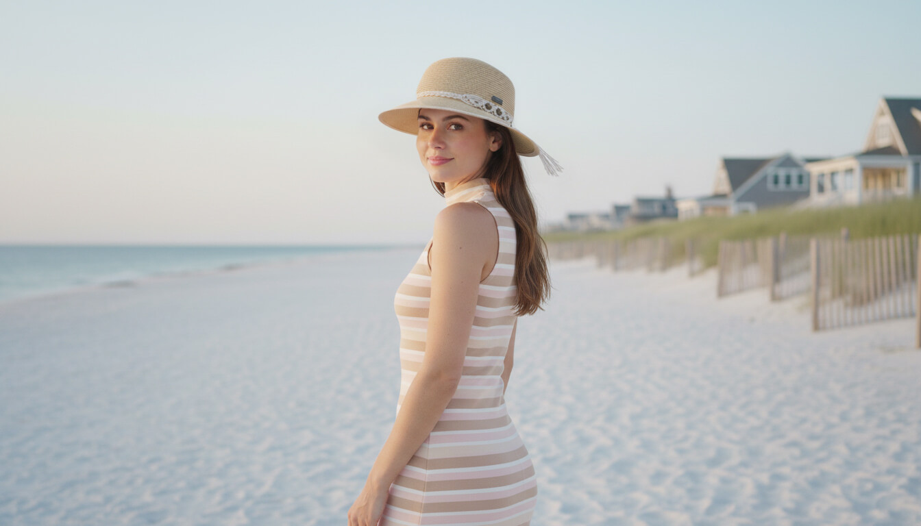 Lifestyle portrait of the Sun N Sand HH3489 Women’s Backless Hat in natural-toned woven straw, featuring a white macramé hatband with bead accents and a unique backless design for an adjustable fit and UPF 50+ sun protection.