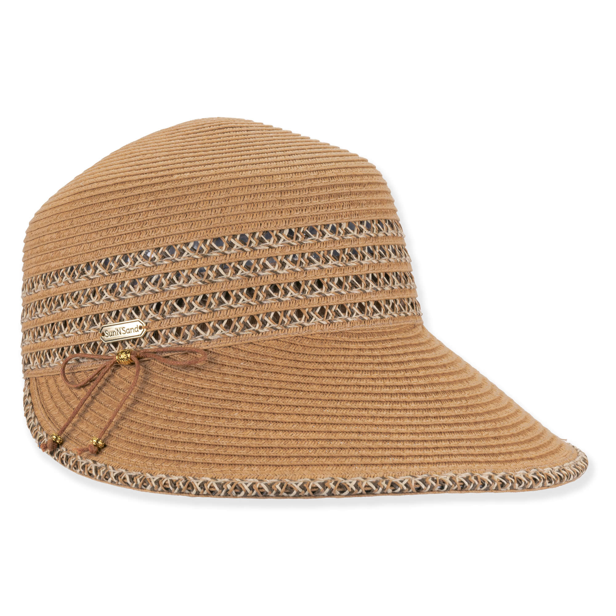 Three-quarter studio view of Sun N Sand HH3491 tan backless cap featuring lattice-weave ventilation, drawstring bow, and gold logo hardware.