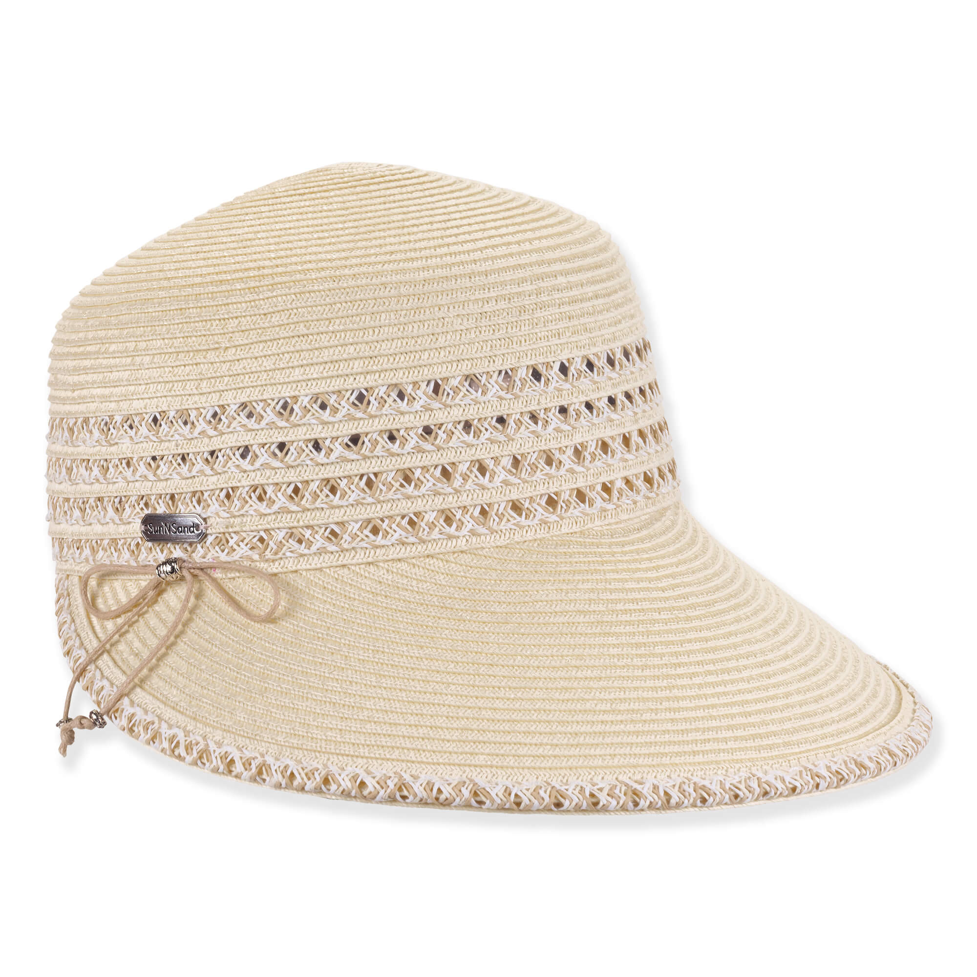 Three-quarter studio view of Sun N Sand HH3491 cream backless cap featuring open-weave mesh crown, drawstring bow, and metallic logo.