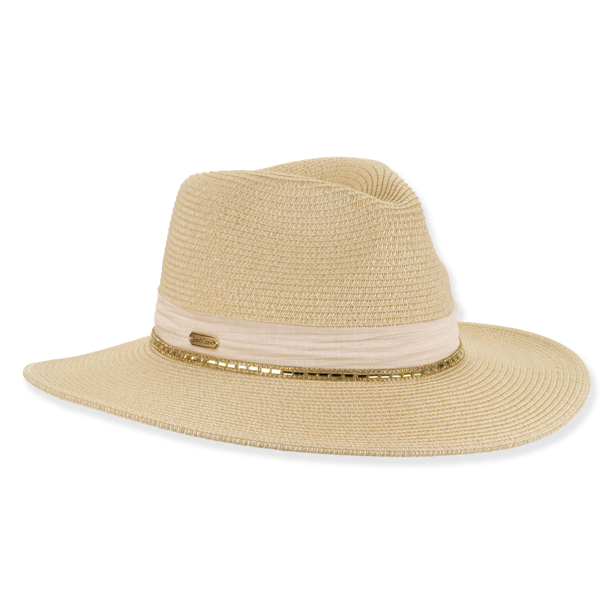 Three-quarter studio view of Sun N Sand HH3500 tan safari hat featuring a ruched cream fabric band and gold-studded trim.