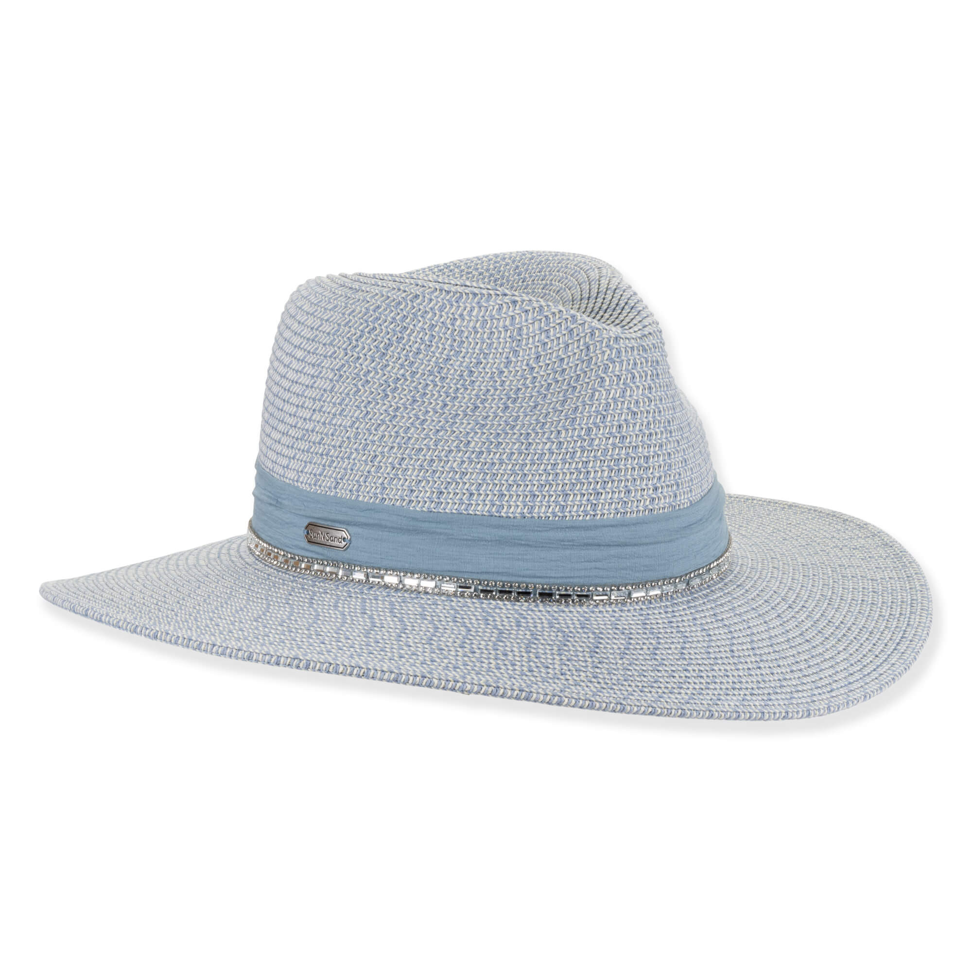 Three-quarter studio view of Sun N Sand HH3500 blue safari hat featuring a ruched fabric band and silver-studded rhinestone trim.