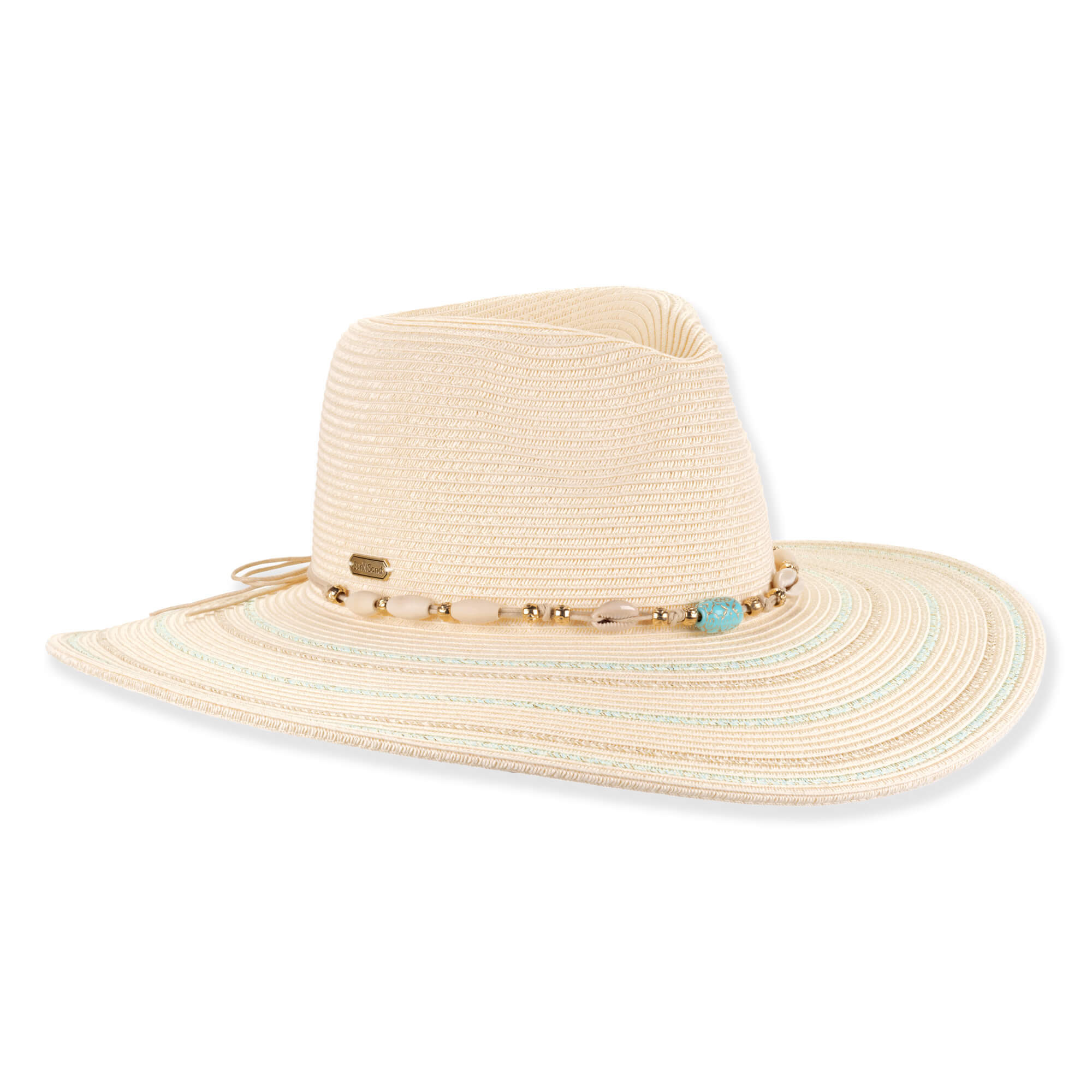 Three-quarter studio view of Sun N Sand HH3510 ivory safari hat featuring a seashell and turquoise beaded band with metallic hardware.