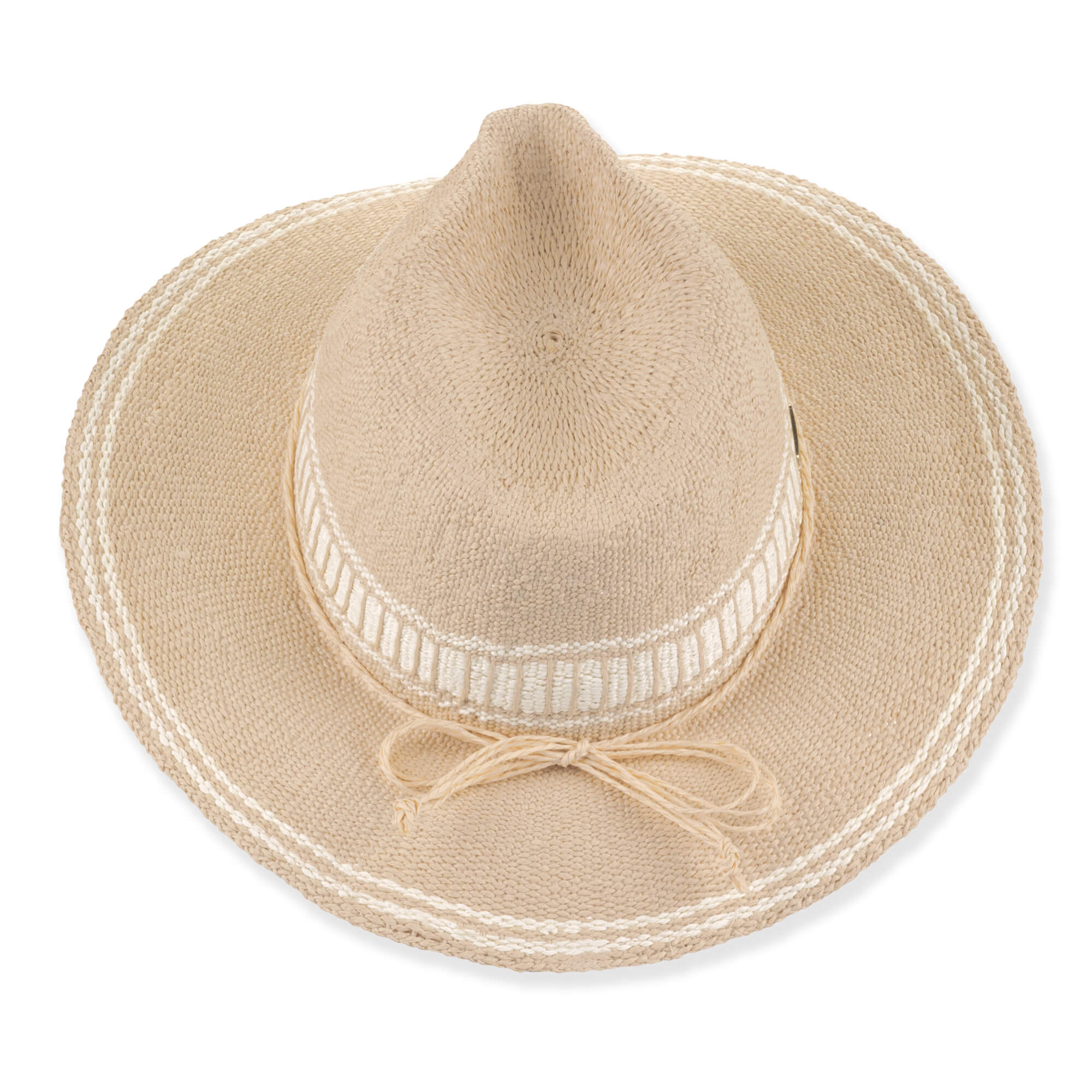Three-quarter view of tan Sun N Sand HH3622 A safari hat featuring micro-weave straw, white embroidered band, and metal logo hardware.