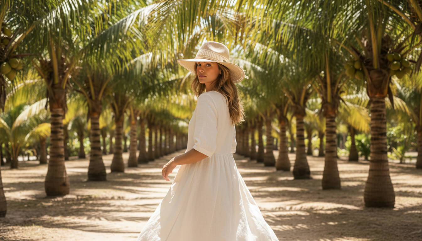 Lifestyle profile portrait of the Sun N Sand HH3622 A Women’s Safari Hat in a natural woven straw, featuring a matching woven hatband with a side metallic brand plate and a wide, structured flat brim with a pinched crown for an adjustable fit and UPF 50+ sun protection.