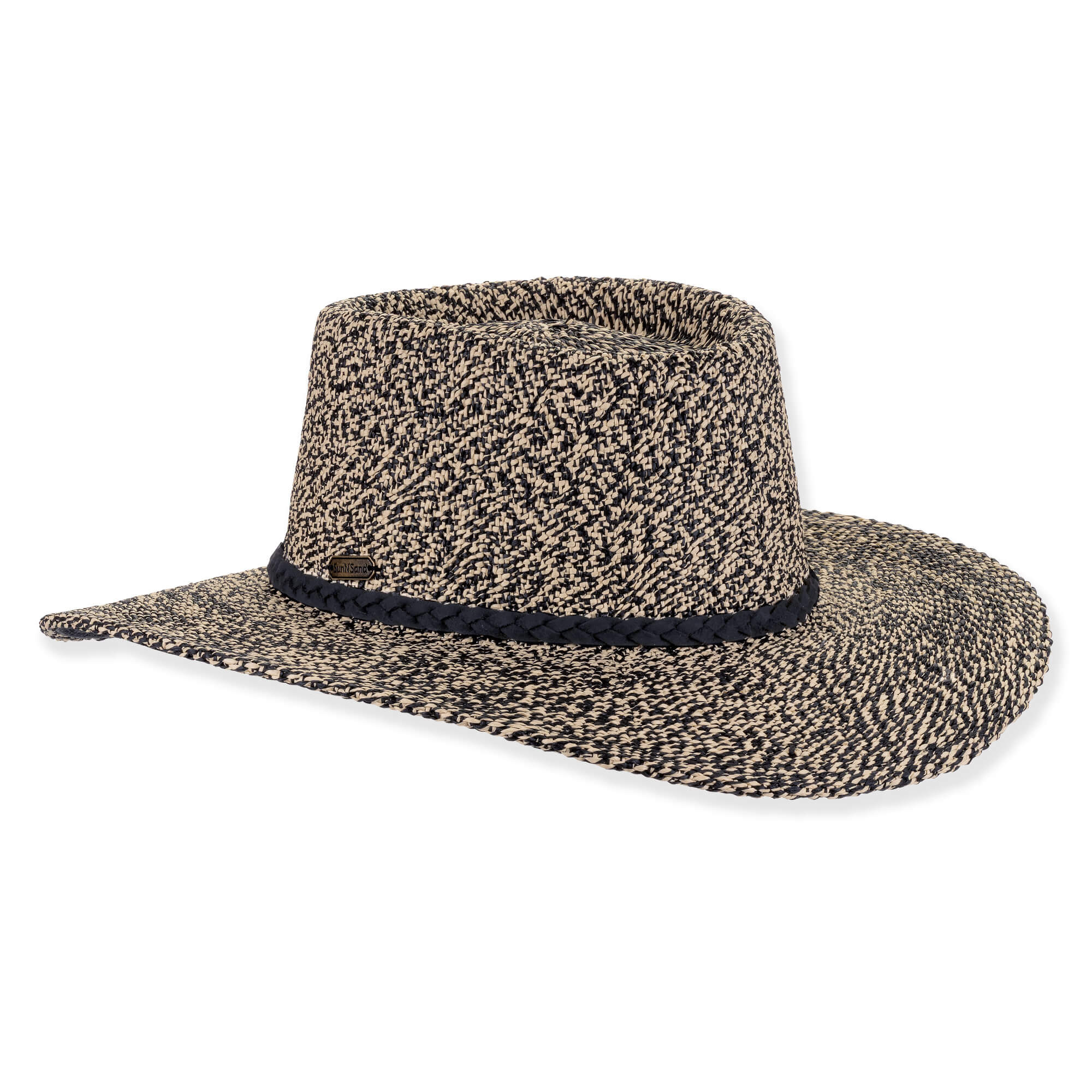 Three-quarter view of black and tan Sun N Sand HH3625 gambler hat featuring marl-weave straw, braided black band, and metal hardware.