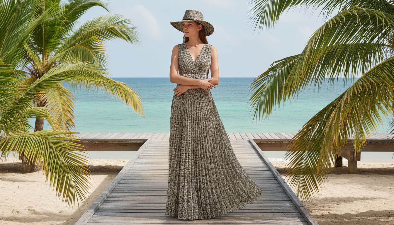 Lifestyle profile portrait of the Sun N Sand HH3625 Women’s Gambler Hat in a dark charcoal and white patterned weave, featuring a matching hatband with a side metallic brand plate and a wide, structured flat brim with a flat crown for an adjustable fit and UPF 50+ sun protection.