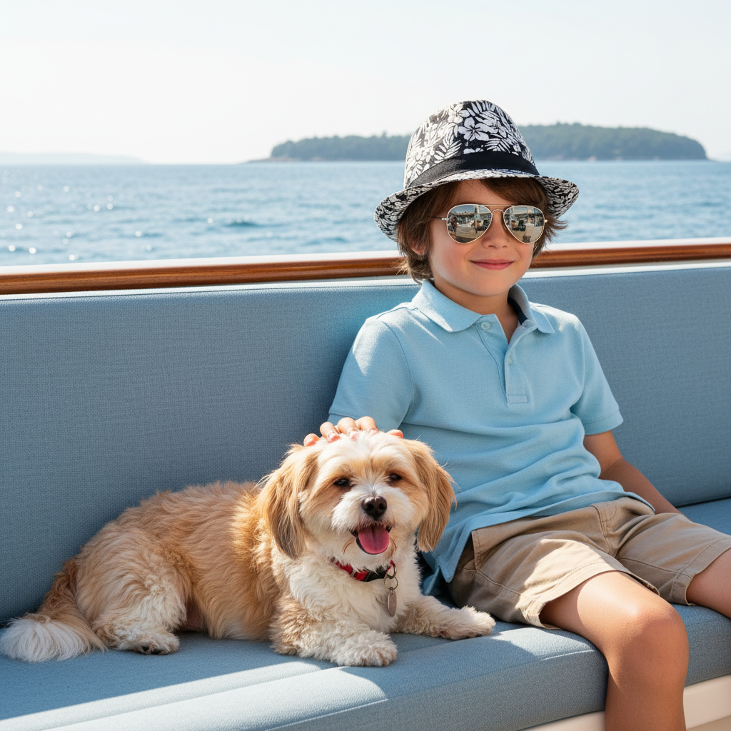 Lifestyle boat shot of the Sun N Sand HK575 kids' fedora in a black and white floral pattern, featuring a classic teardrop crown and a contrasting black ribbon band for stylish sun protection during nautical outings.