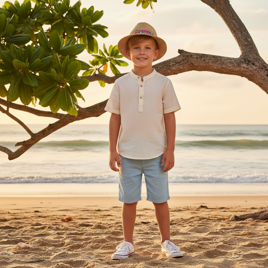 Lifestyle beach shot of the Sun N Sand HK576 kids' straw fedora in a natural tan with a multi-colored embroidered band, featuring a classic indented crown and a protective mid-sized brim for stylish sun safety during seaside outings.