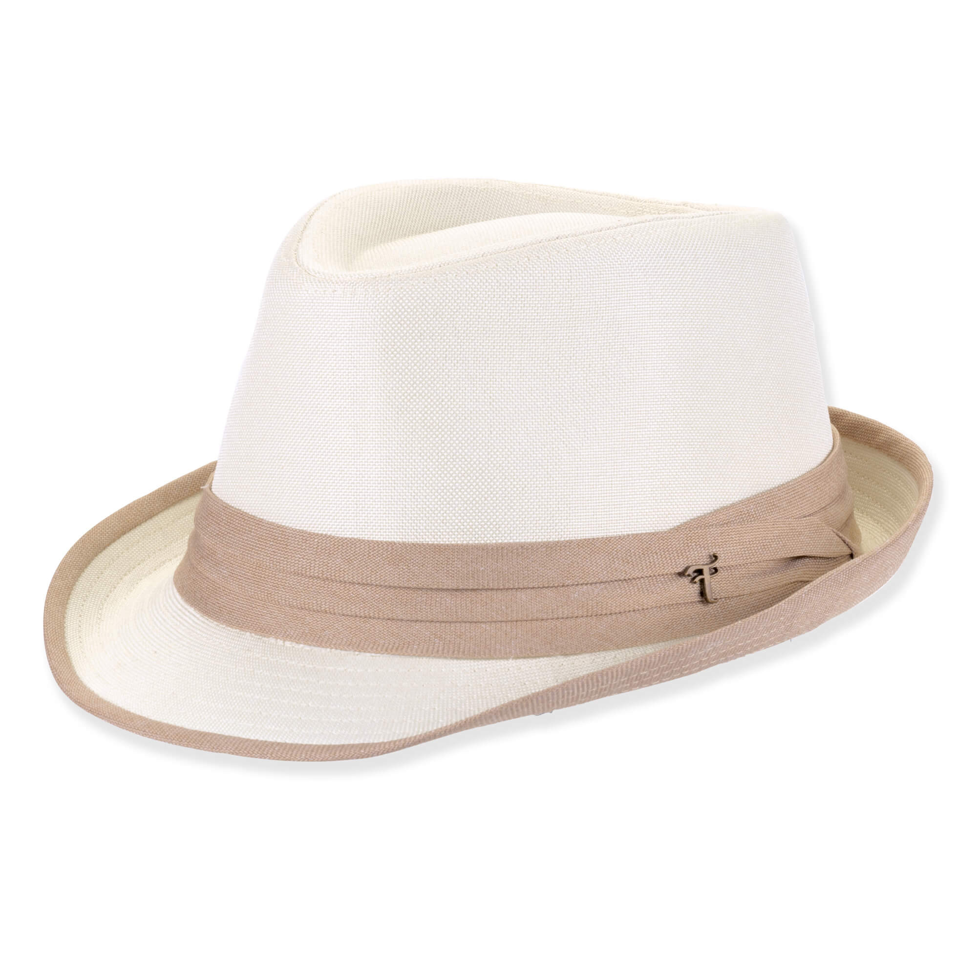 White woven fedora hat with beige band, creased crown, and subtle brand emblem