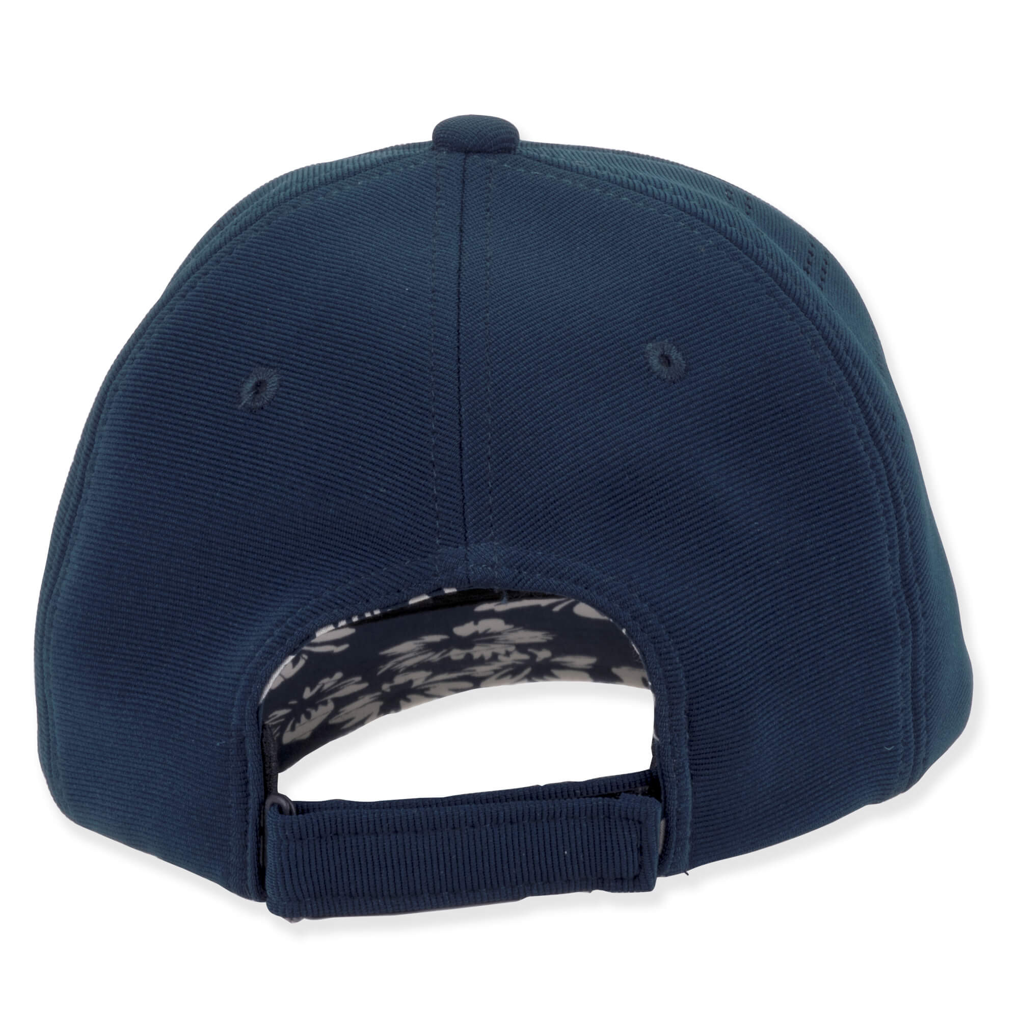 Navy blue baseball cap, textured fabric, curved brim, adjustable strap at back, white patterned lining.