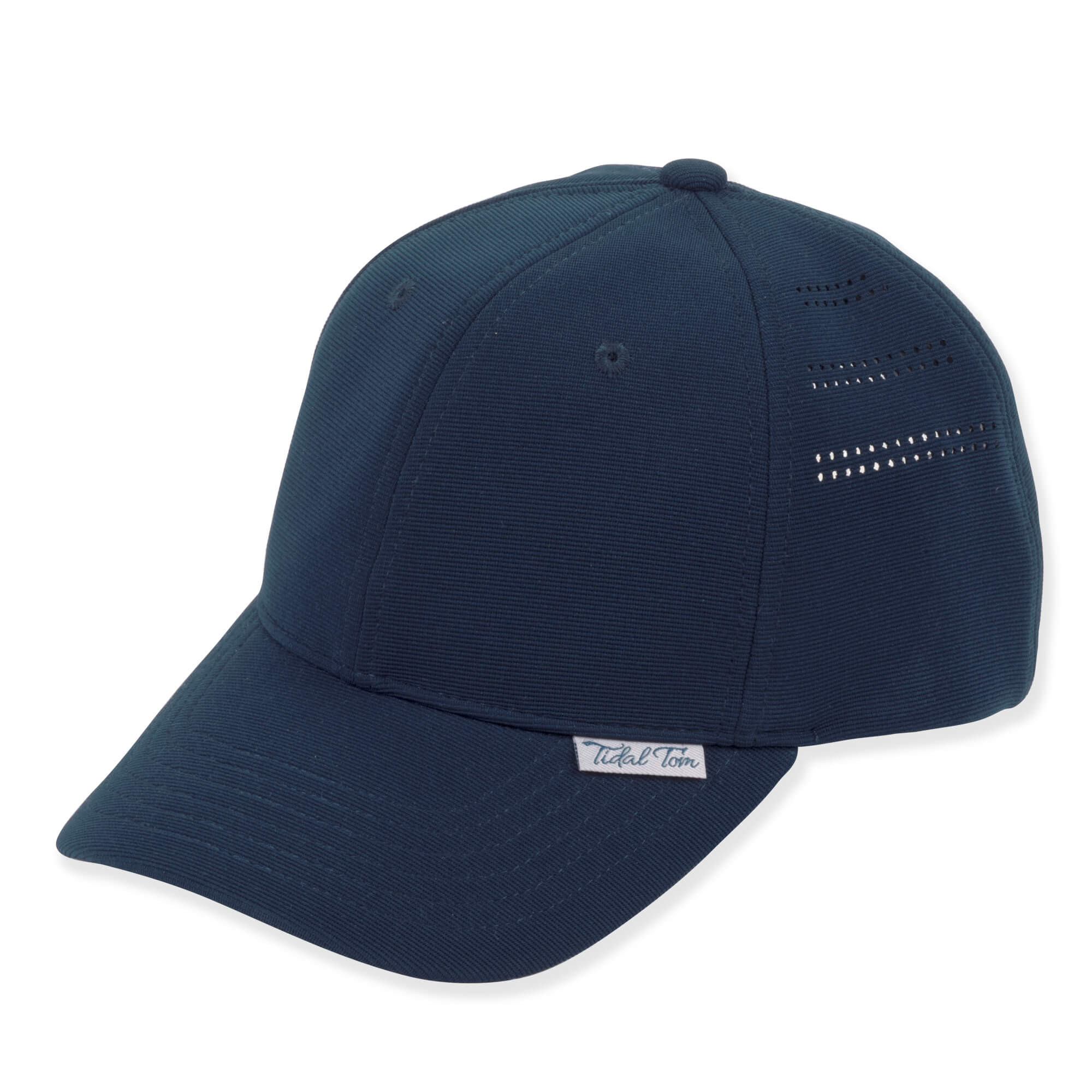 Navy blue baseball cap with textured fabric, curved brim, perforated side panels, and a small logo tag.