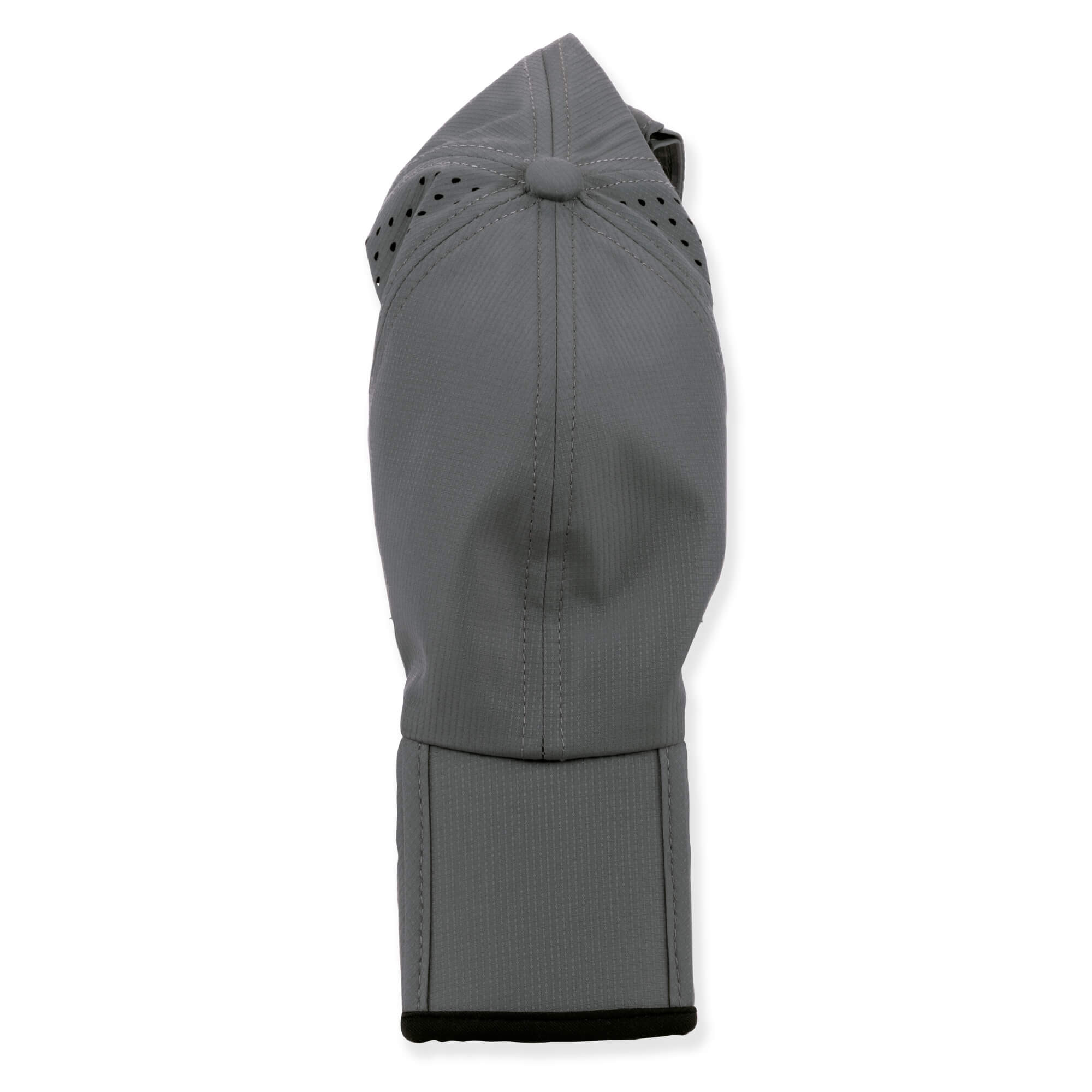 Charcoal baseball cap with breathable perforated side panels, curved brim, and metal eyelets.