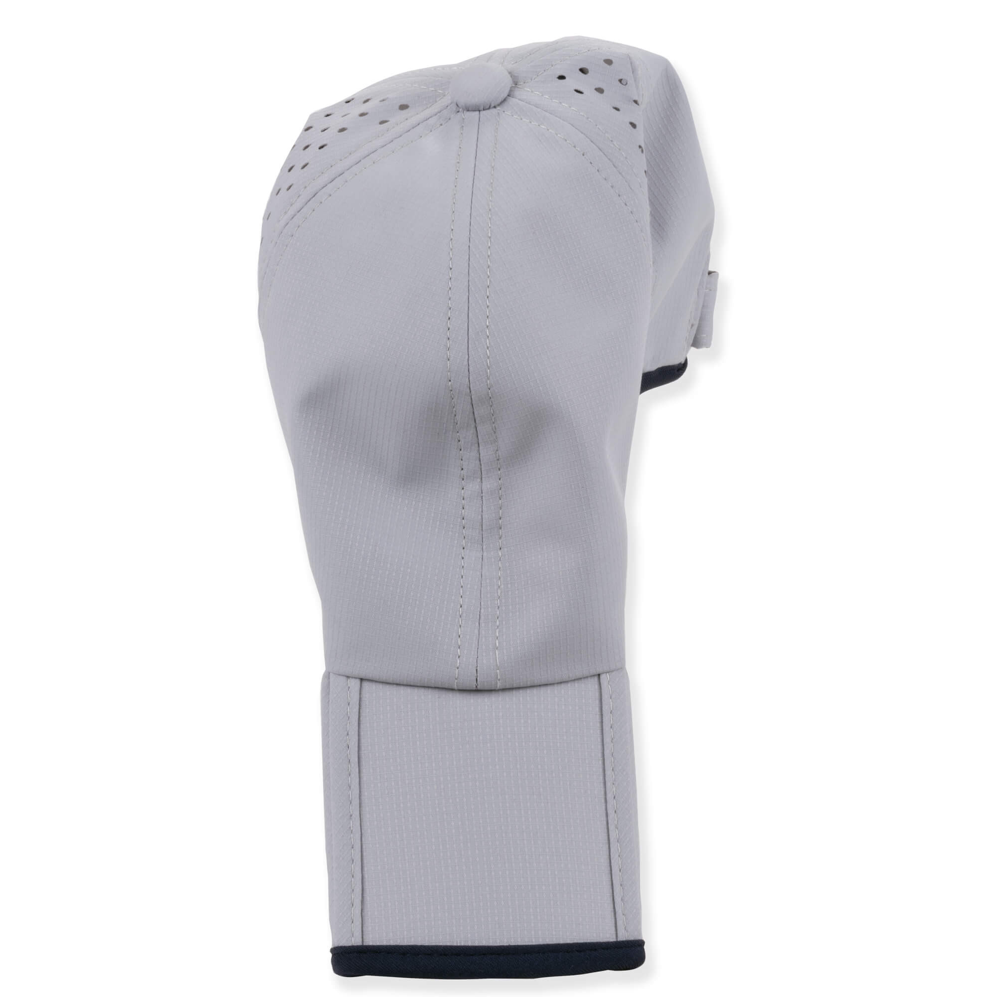 Light gray baseball cap, textured, with perforated top and adjustable strap.