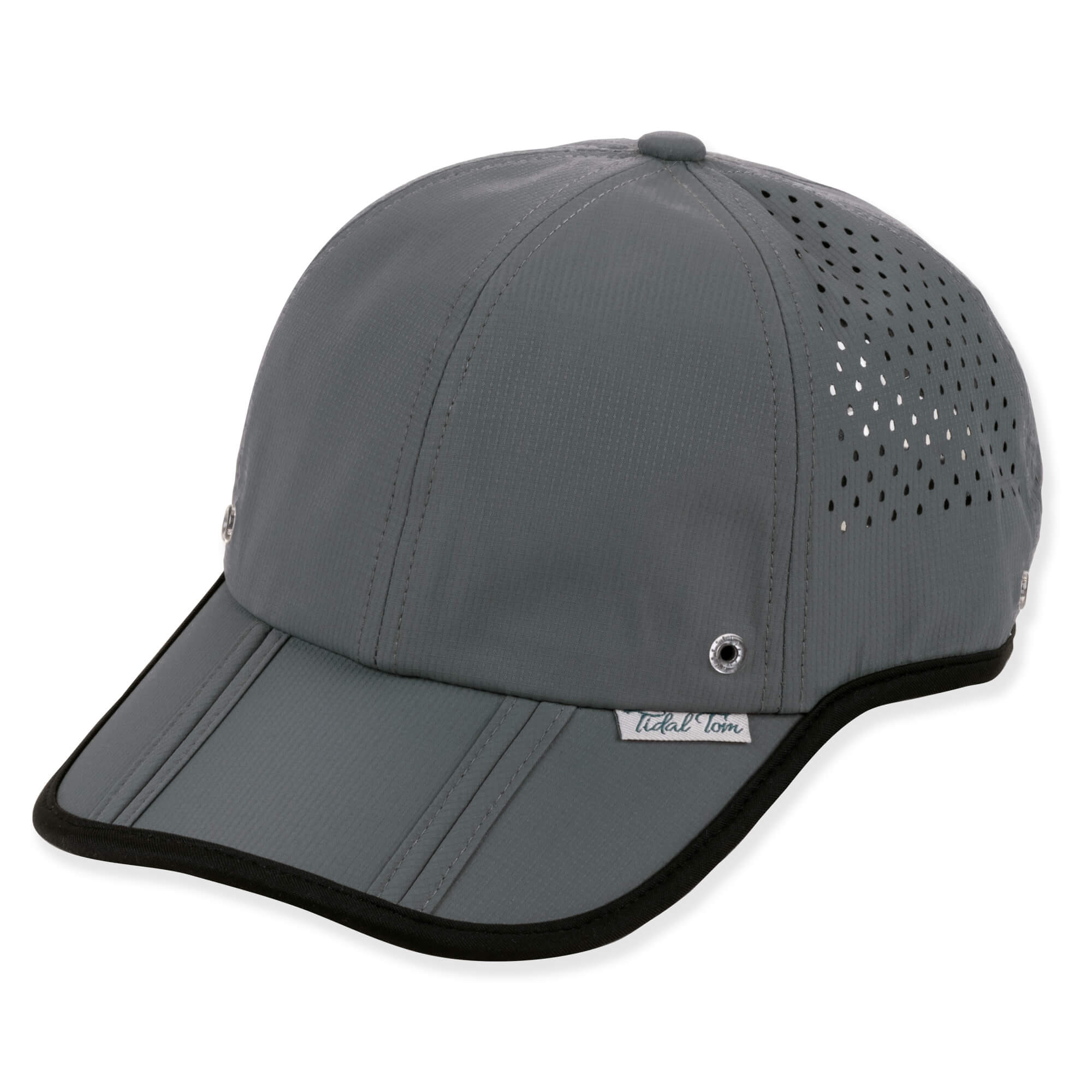 Charcoal baseball cap with breathable perforated side panels, curved brim, and metal eyelets.