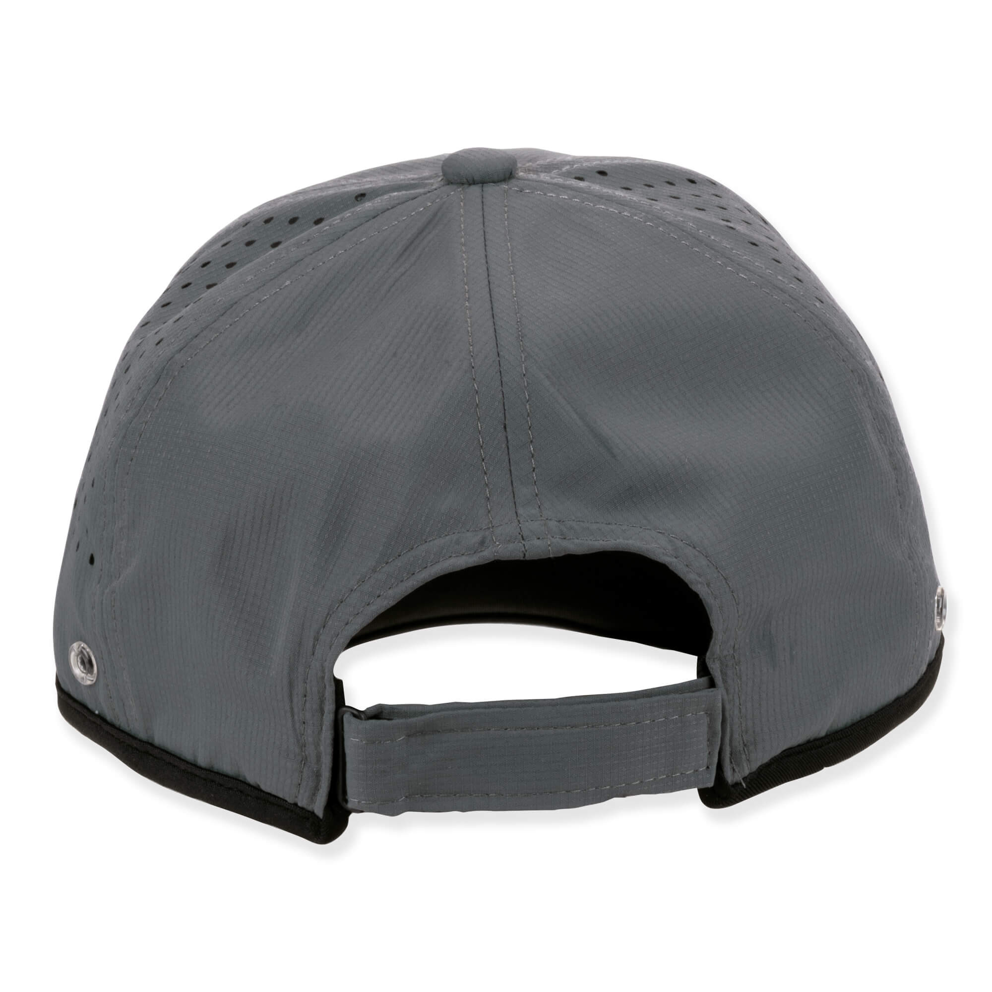 Charcoal  baseball cap, textured fabric, perforated crown, adjustable strap, dark brim detail. Back view