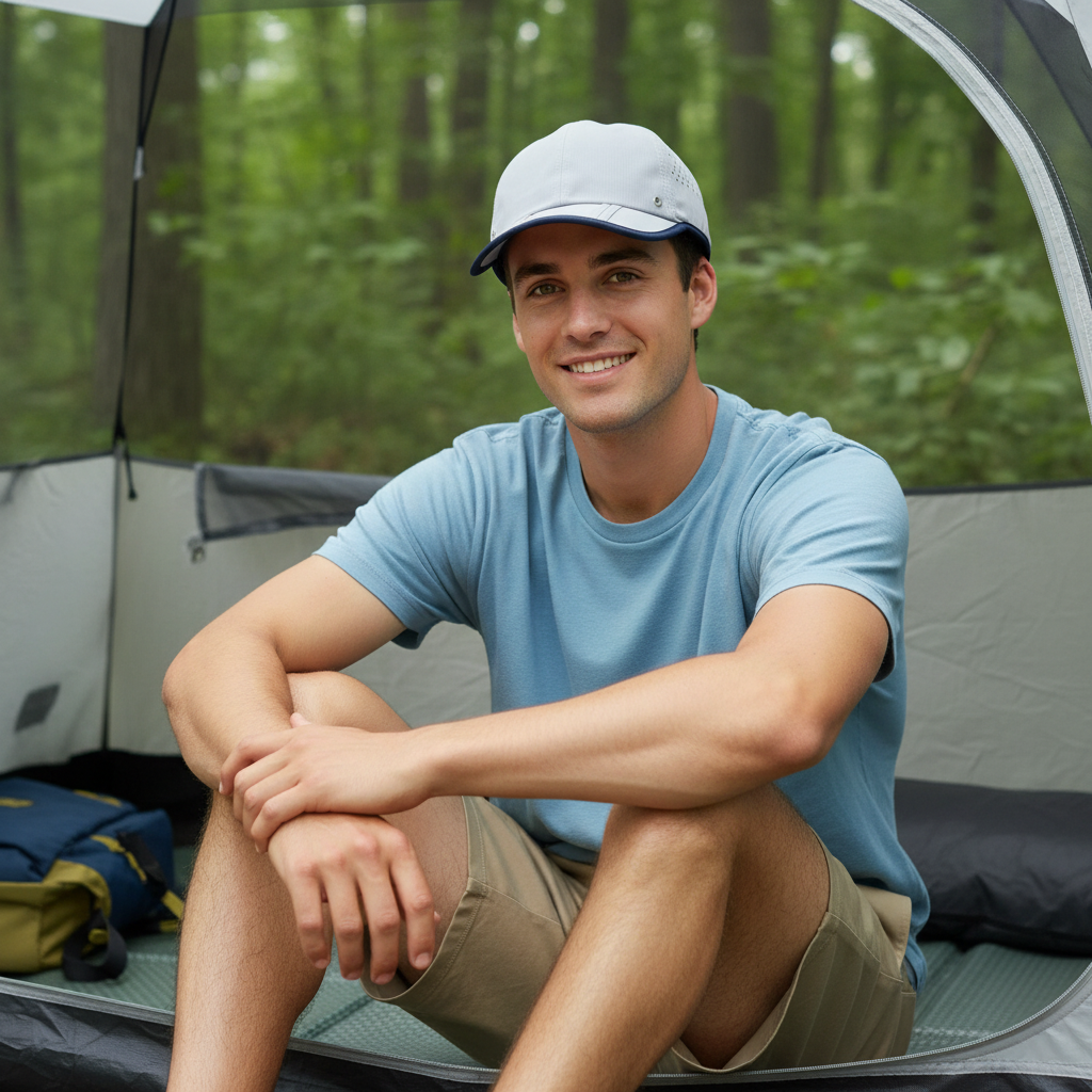 Lifestyle front view of the Sun N Sand HTT1315 men's performance baseball cap in White and Navy, featuring laser-cut side ventilation holes and a curved moisture-wicking brim for breathable comfort and sleek sun protection during outdoor camping trips.