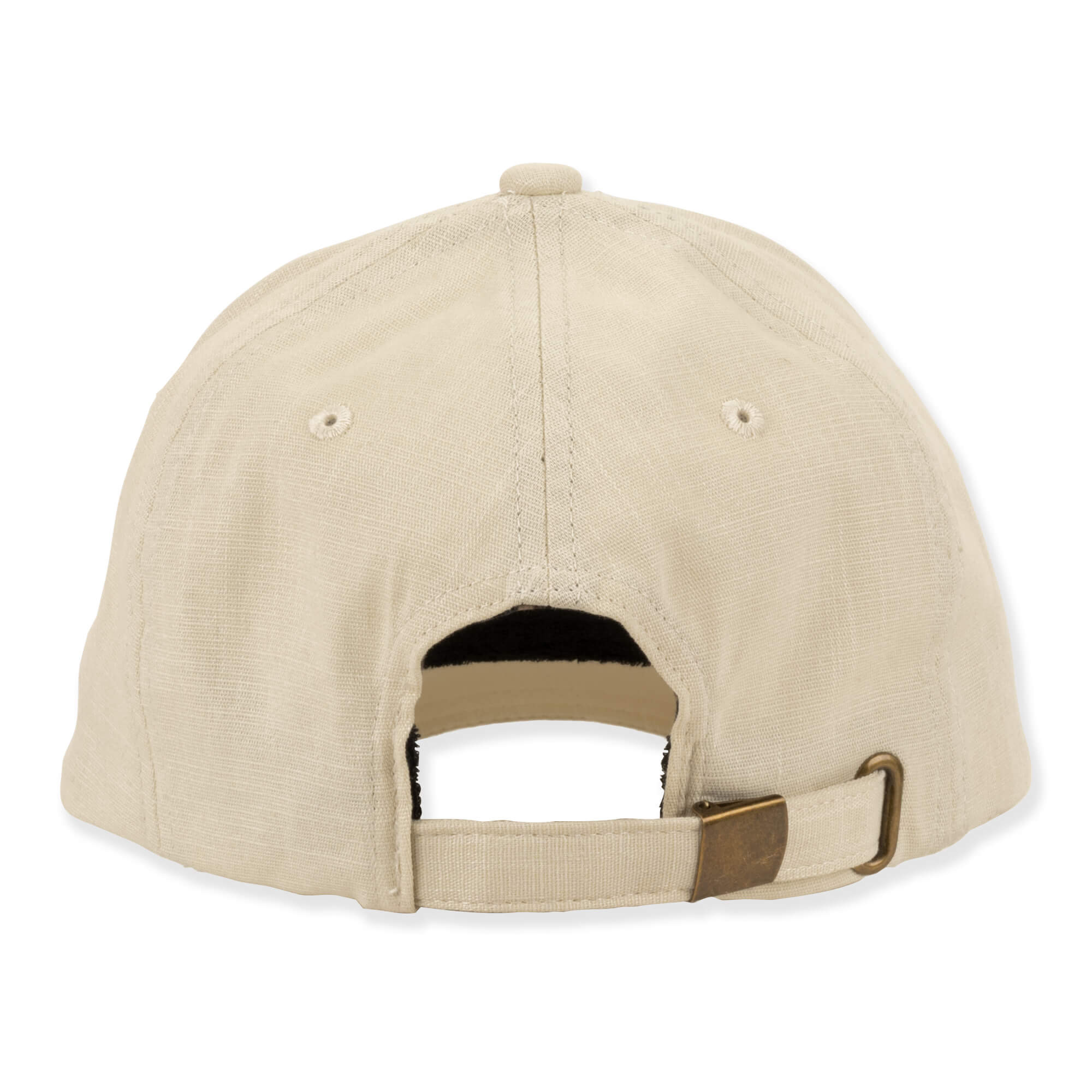 Beige cotton baseball cap, classic six-panel shape, adjustable strap, metal buckle closure, rear view.