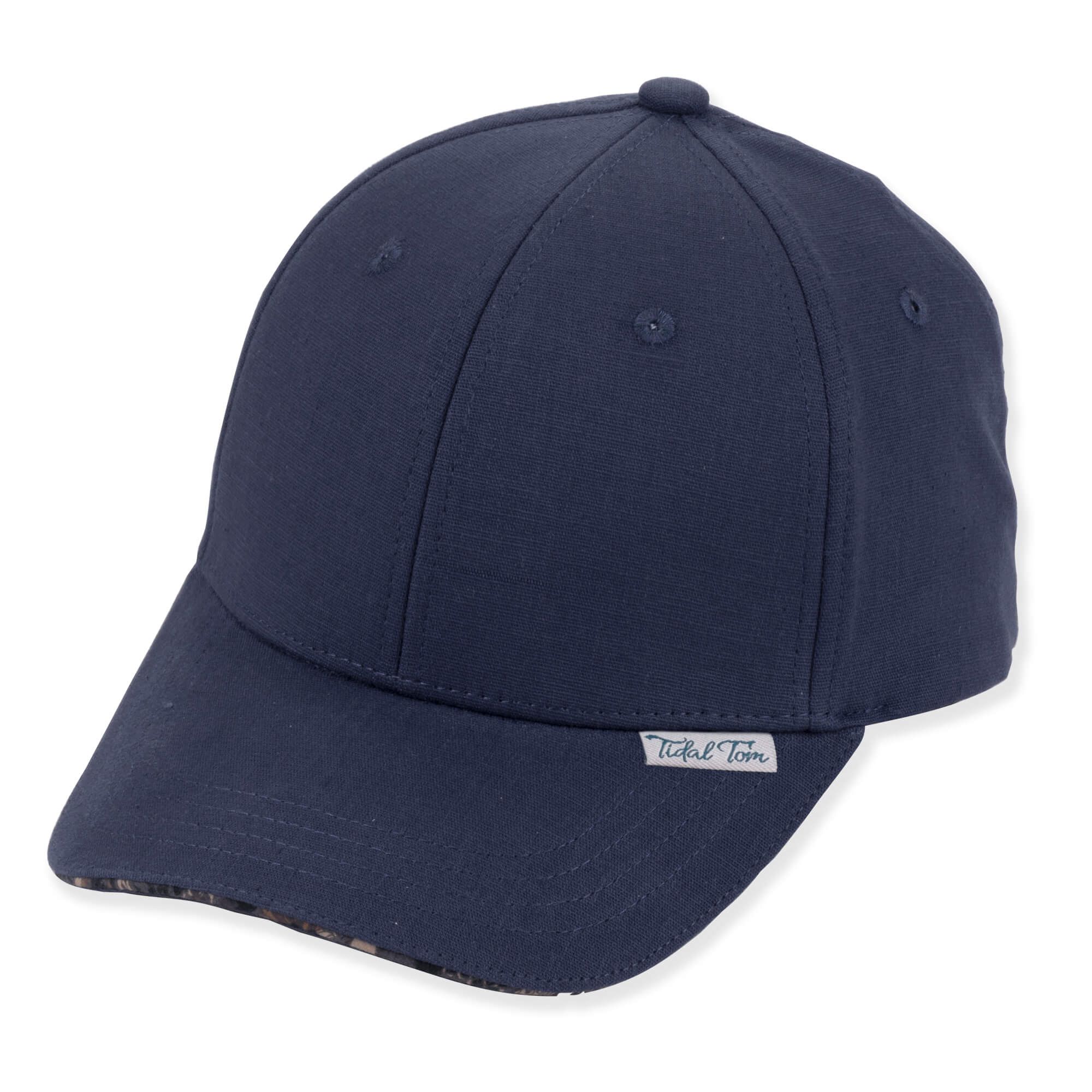 Navy blue baseball cap, smooth matte texture, curved brim, distressed underside detail, silver metal logo.