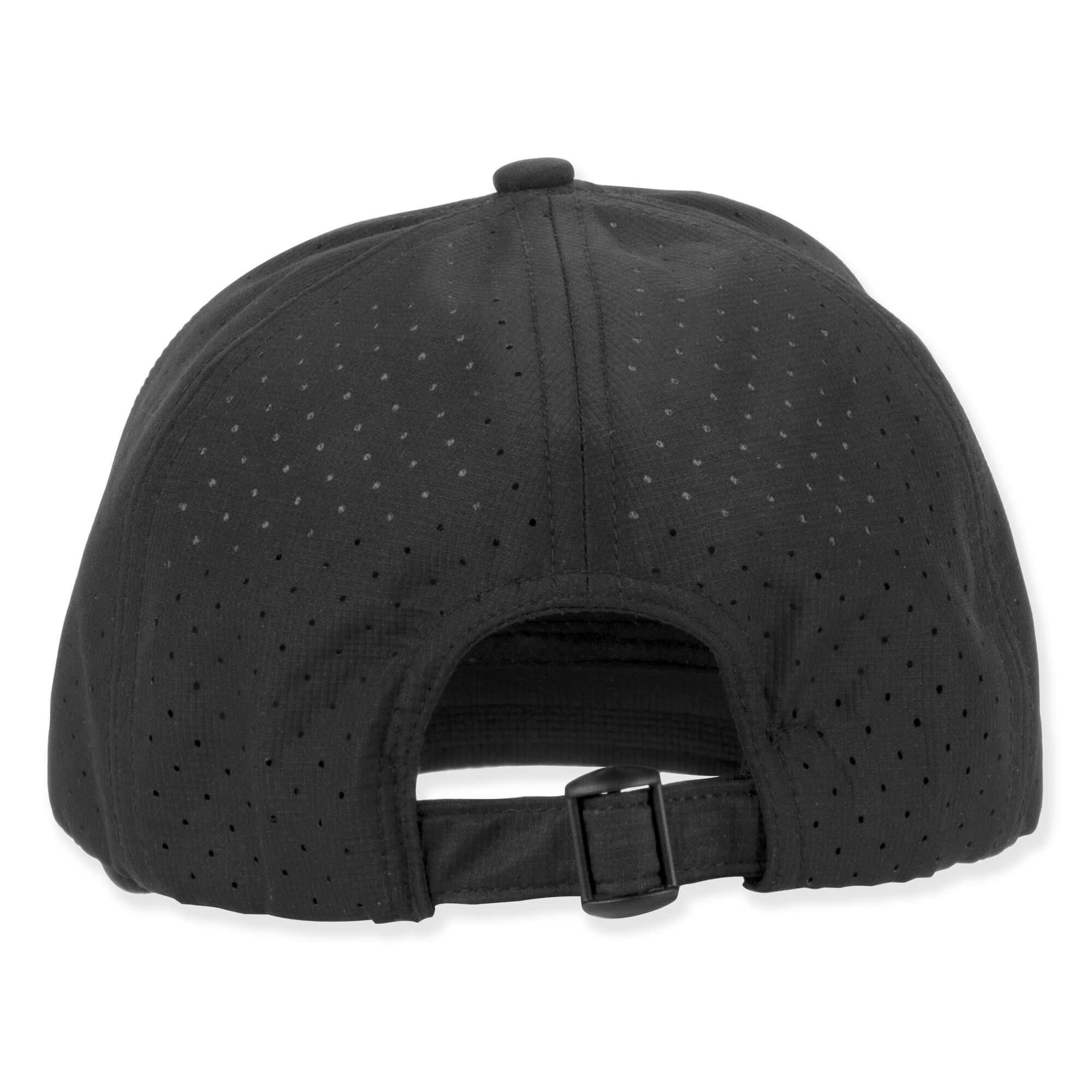 Black perforated baseball cap with adjustable buckle, showing rounded crown and back view