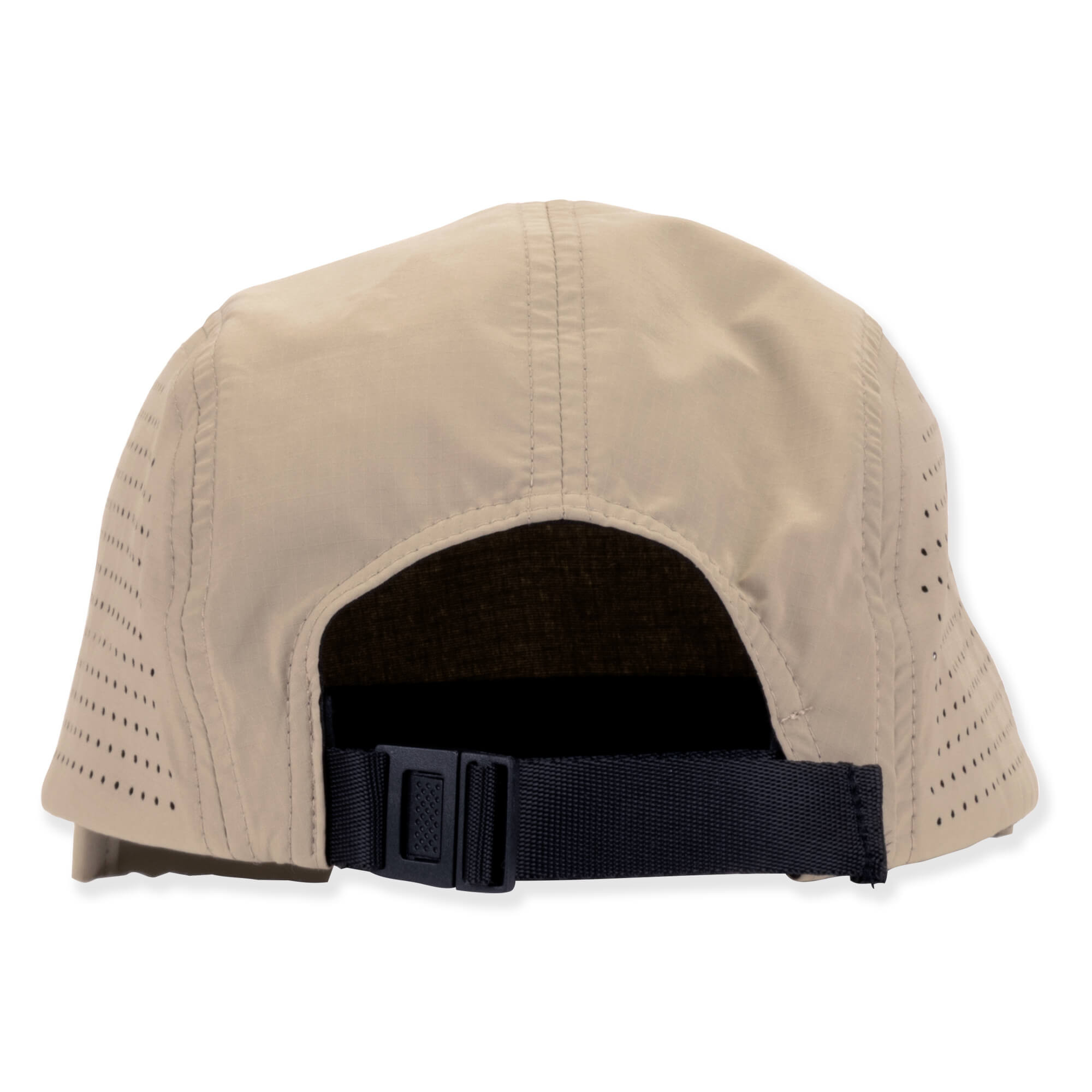 Tan 5-panel performance cap, breathable perforated side panels, adjustable black buckle strap, back view.