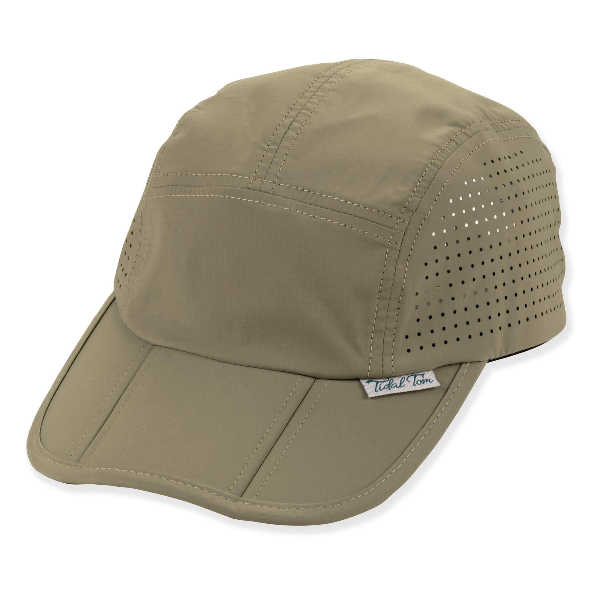 Tan, lightweight, foldable cap with perforated sides, adjustable strap, and wide brim for sun protection