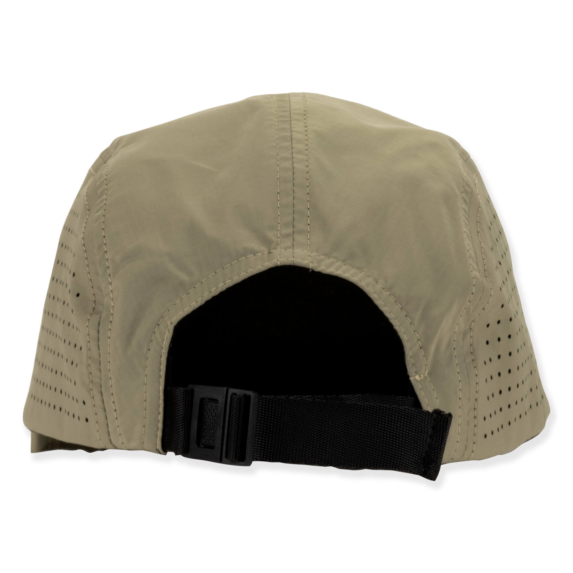 Khaki 5-panel baseball cap, perforated sides, adjustable black strap, flat brim, rear view.