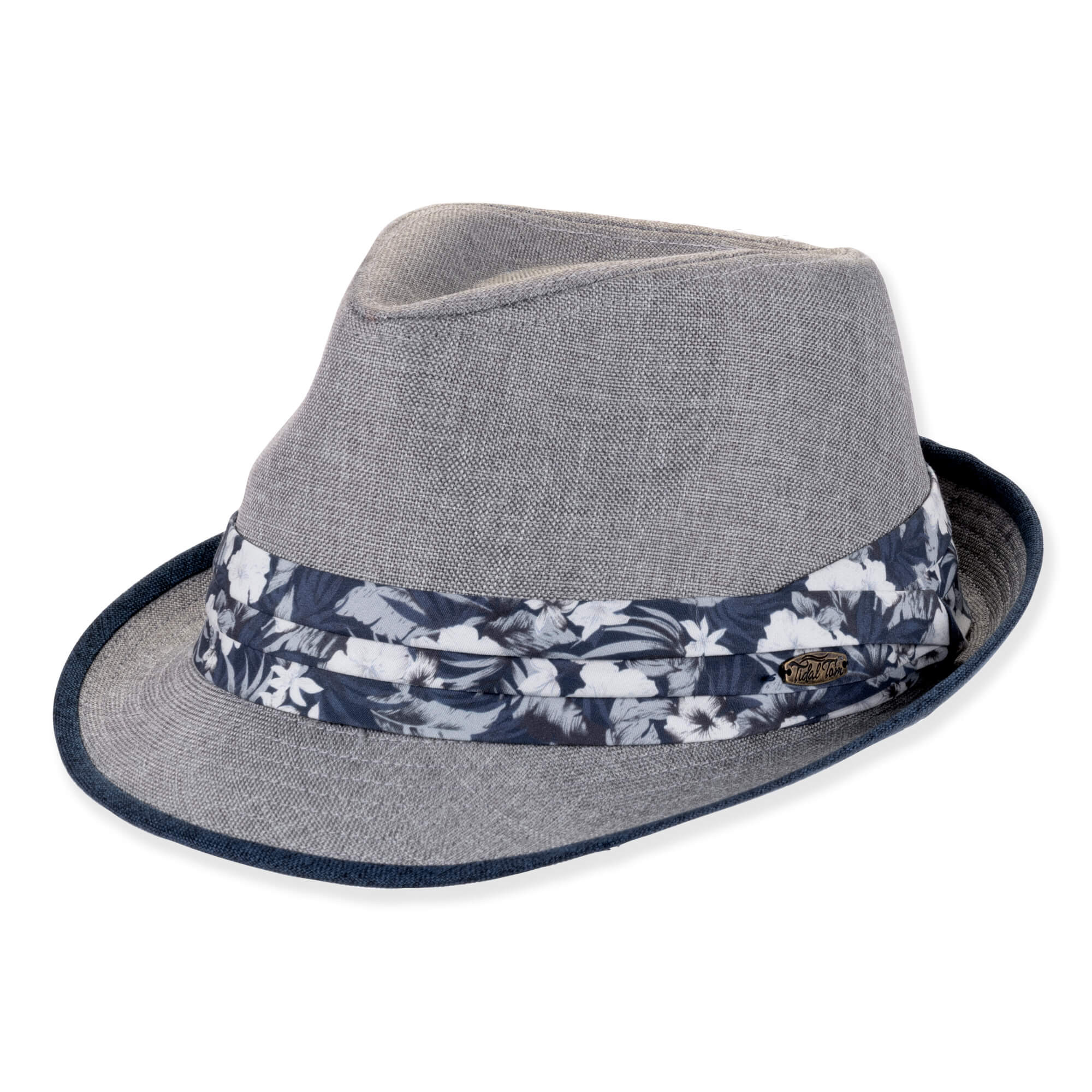 Grey textured fedora hat, flat brim, floral band detail, front view, classic men's fashion