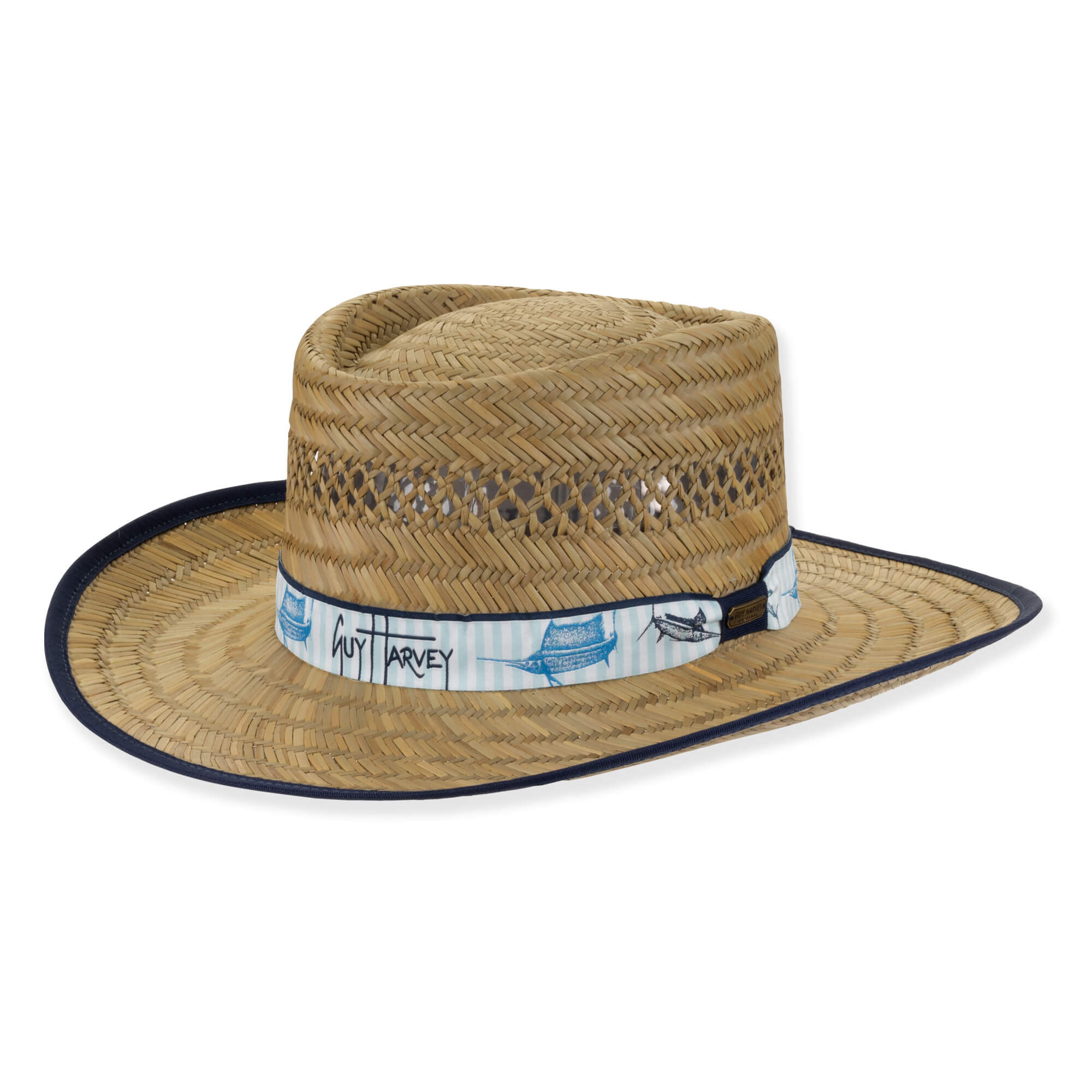 Woven straw fedora hat, wide brim, blue patterned band, dark trim